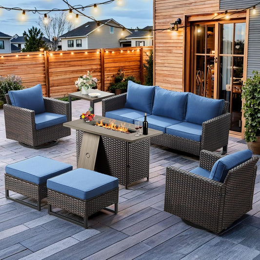 HUMMUH 7 Piece Patio Furniture Set with Fire Pit 41in 55,000 BTU,Wicker Outdoor Conversation Sets - Patio Swivel Chairs Sofa Ottomans,Side Table for Porch,Garden,Backyard