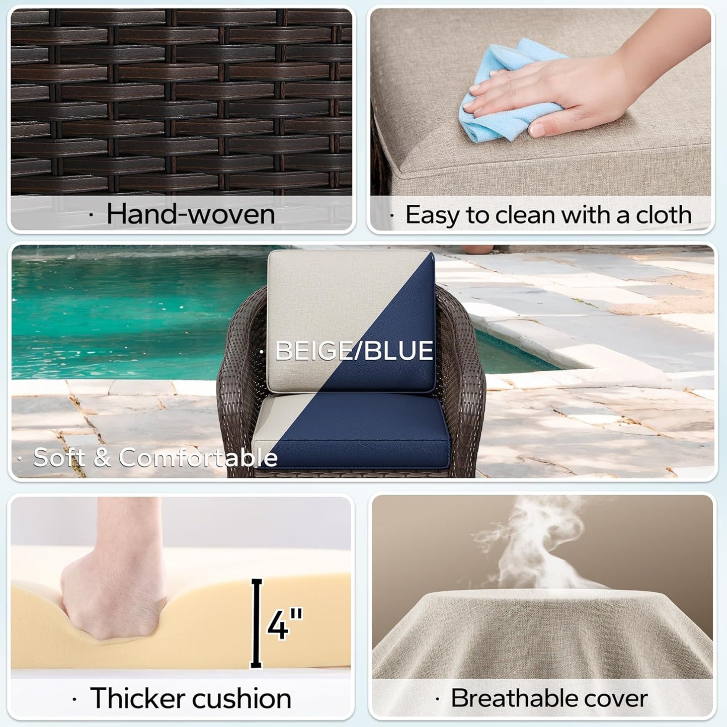 5 Pieces Outdoor Patio Conversation Furniture Set with Removable Covers, All-Weather PE Rattan, 4 Steel Frame Wicker Chairs with Cushions, 47" Metal Coffee Table for Yard (Beige)