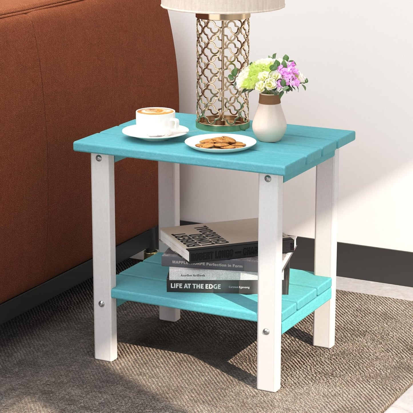 Outdoor Side Table, 16 Inch Square Patio Table, All Weather Porch Table for Balcony, Backyard, Lawn, Indoor Outdoor Companion (Aruba Blue & White)