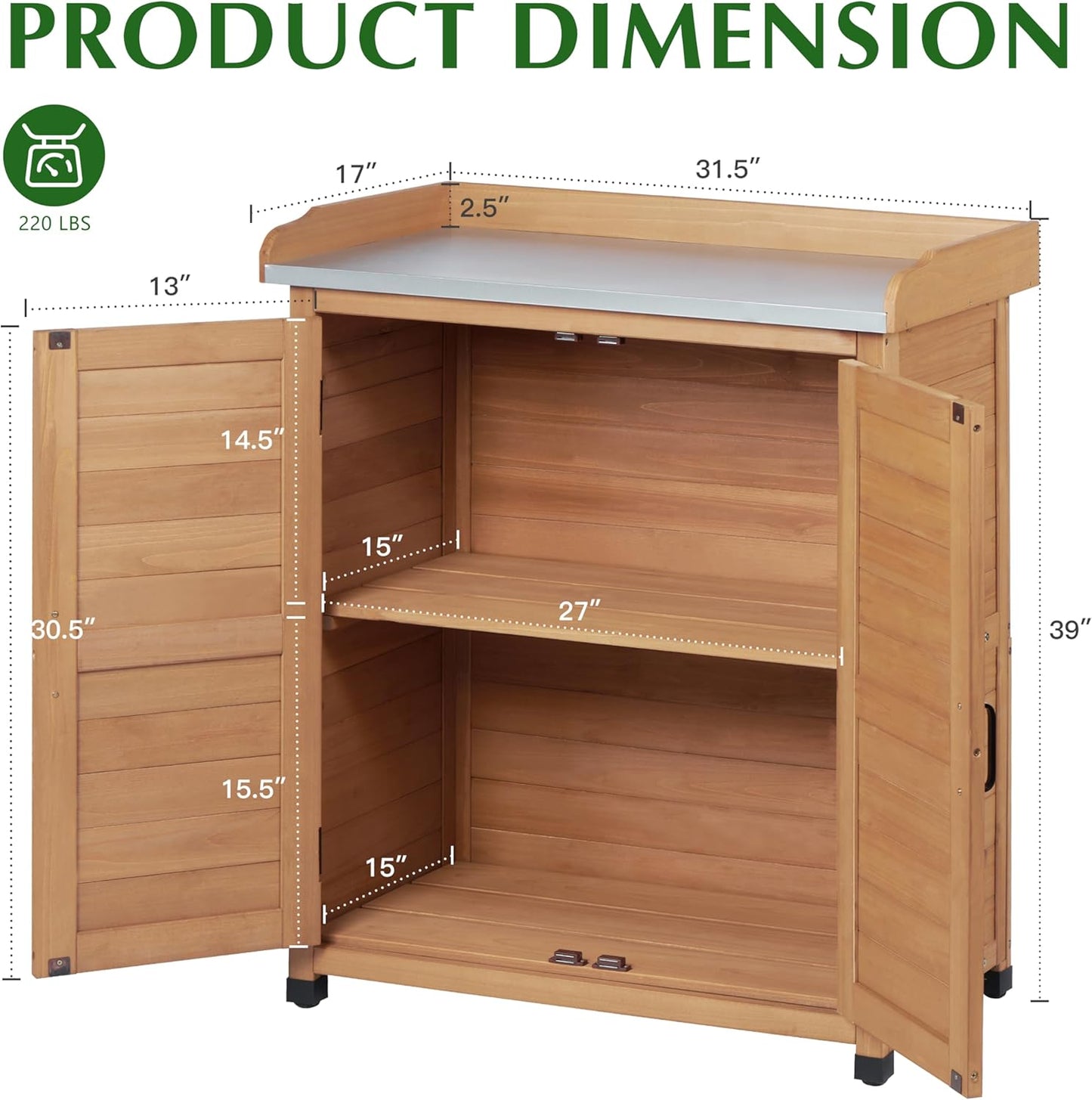 Outdoor Storage Cabinet & Potting Bench Table with Metal Top, Wooden Patio Furniture, Garden Workstation (Light Brwon, 39x31.5x17in)