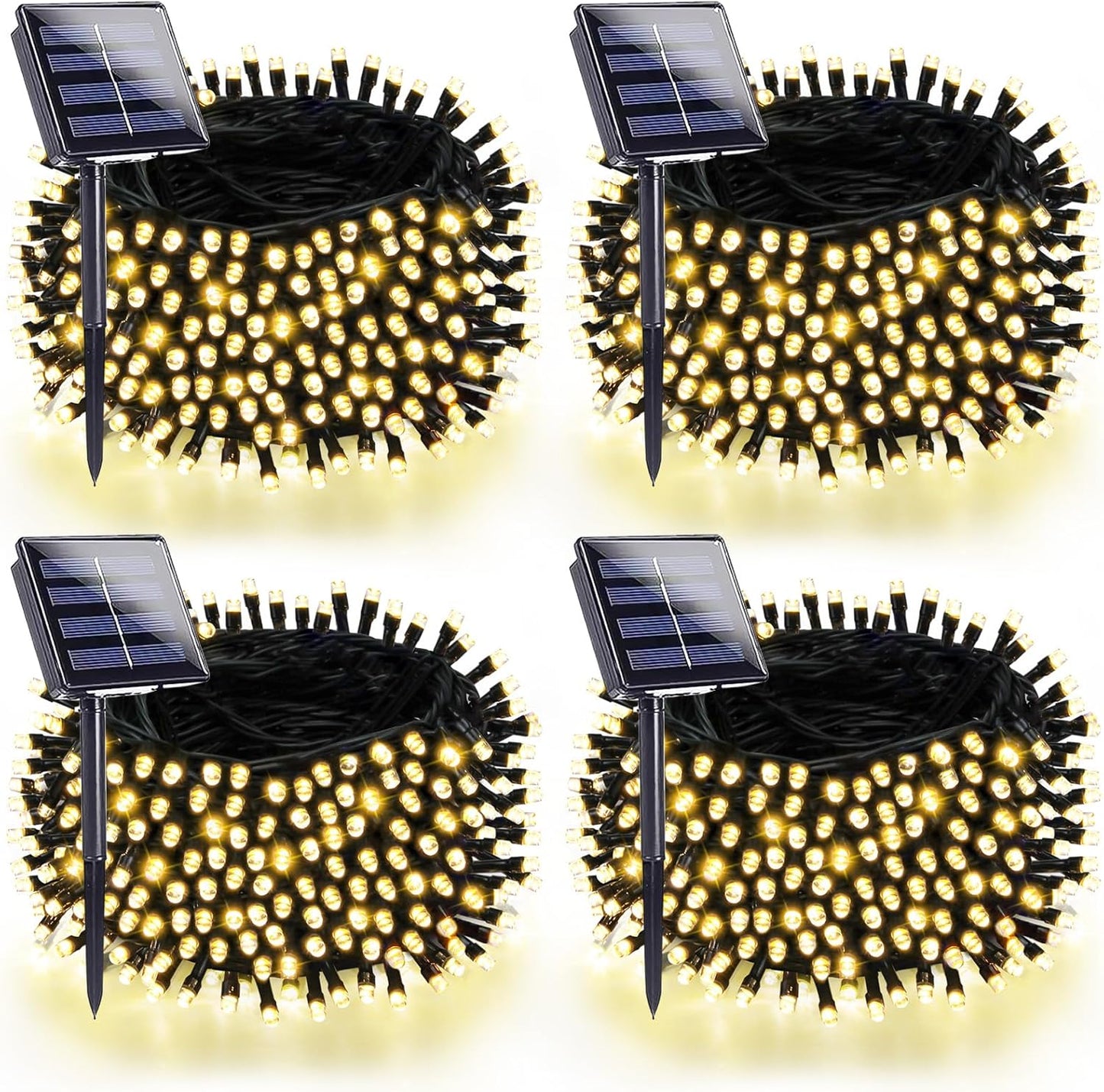 4 Pack 180FT Solar String Lights for Outside, Super Bright 320 LED Solar Light Outdoor Waterproof with 8 Modes, Green Wire Solar Twinkle Fairy Lights for Xmas Tree Party Yard Decorations (Warm White)