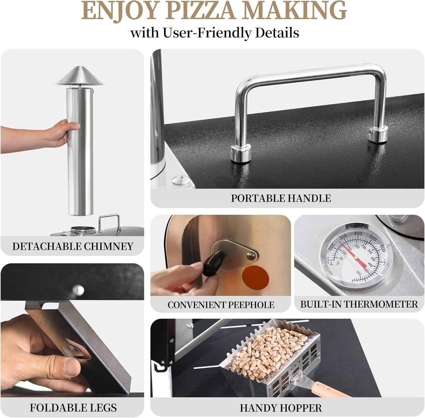 Portable Pellet Pizza Oven Outdoor Wood Fired Pizza Ovens Included Pizza Stone, Pizza Peel, Fold-up Legs, Cover, Pizzello Forte (Black)