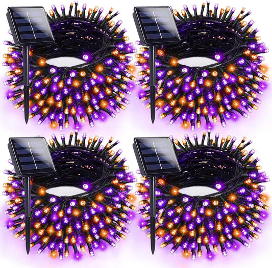 4pk Orange and Purple Solar Halloween Lights Outdoor Waterproof, 400LED 132FT Solar Powered LED String Lights Black Wire with 8 Modes, Solar Fairy Lights for Halloween Horror Party Tree Wedding Decor