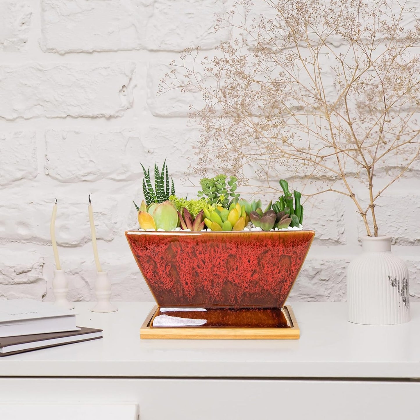 ARTKETTY Succulent Pots - 7 Inch Large Plant Pot with Drainage, Shallow Ceramic Succulent Planters for Indoor Outdoor Plants, Modern Cactus Bonsai Plant Container Decorative Home Office