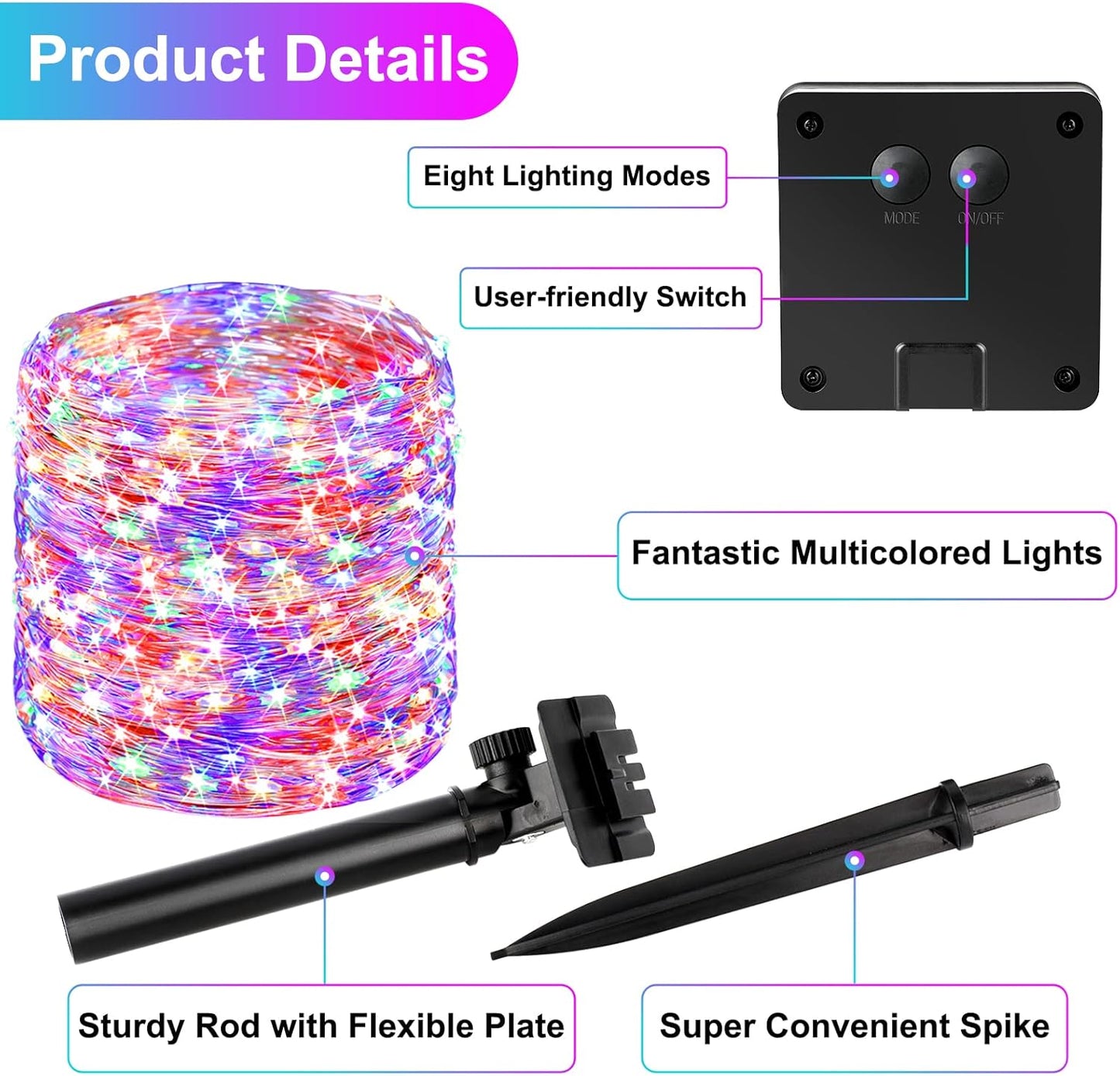 Brightever 4-Pack Solar Outdoor String Lights 288FT, Each 72FT 200 LED Solar Powered Multicolored Fairy Lights Waterproof, 8 Modes RGB Twinkle Lights for Christmas, Halloween Decorations