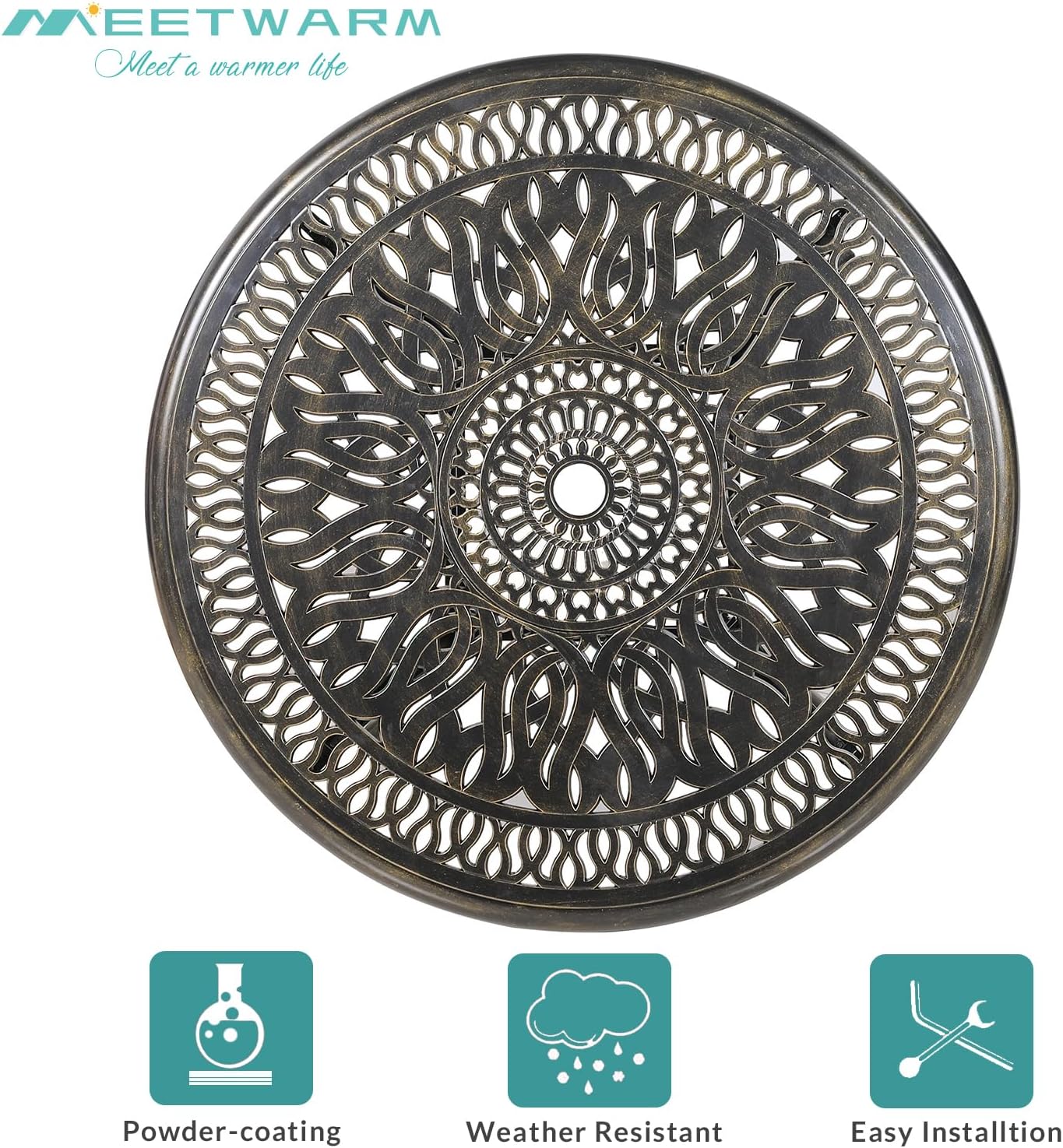 MEETWARM 3 Piece Patio Bistro Set, Outdoor All-Weather Cast Aluminum Dining Furniture Set Includes 2 Chairs with Cushions and a 35.4” Round Table with Umbrella Hole for Garden Deck, Ocean Blue