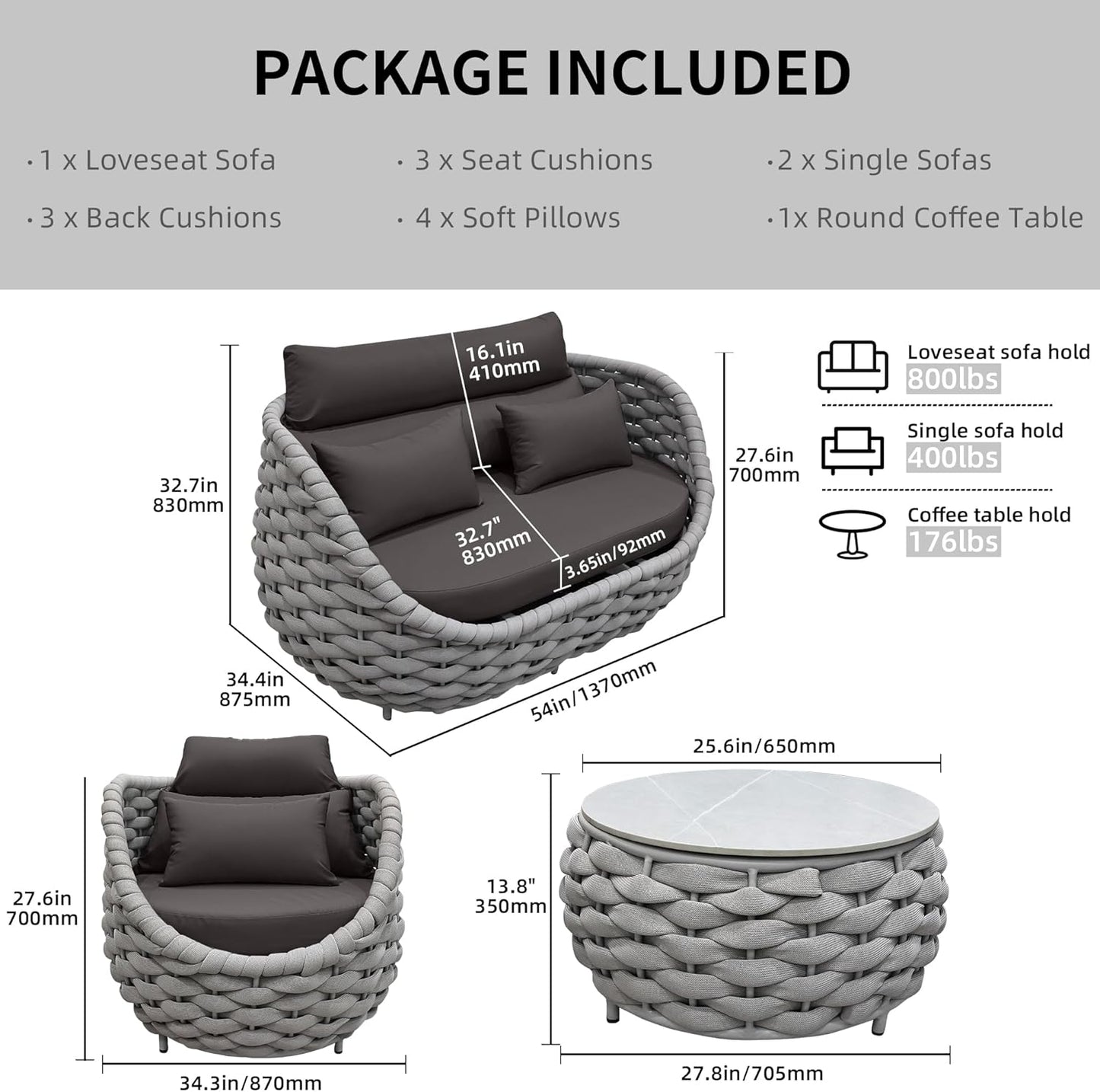 TWT 4 Pieces Aluminum Patio Furniture Set, Modern Outdoor Patio Furniture with Coffee Table, No Assembly Required Outdoor Conversation Set with Dark Grey Cushions for Balcony, Porch, Lawn