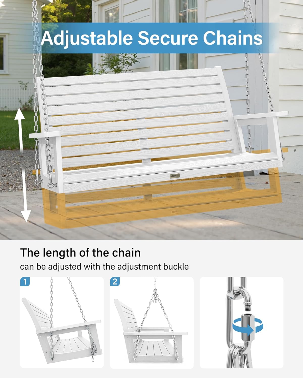 YEFU Hanging Porch Swing Set of 2,2-Seat Patio Swing Bench,All-Weather Swing Chair with Hanging Chains,Look Like Real Wood,for Garden and Courtyard,800LBS Weight Capacity,4FT,White