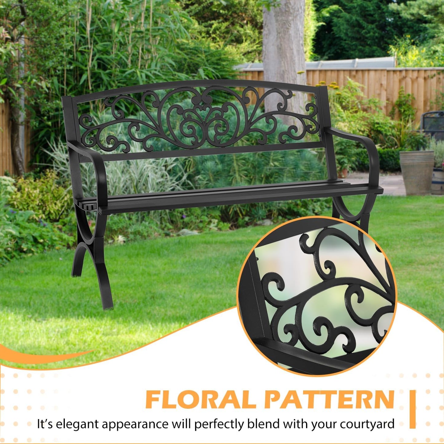 PayLessHere Black Outdoor Metal Loveseat Chairs Patio Garden Bench 50-inch Slatted Seat Armrests Floral Design Plastics Backres Perfect for Park, Yard, Porch, Lawn, Balcony, Backyard