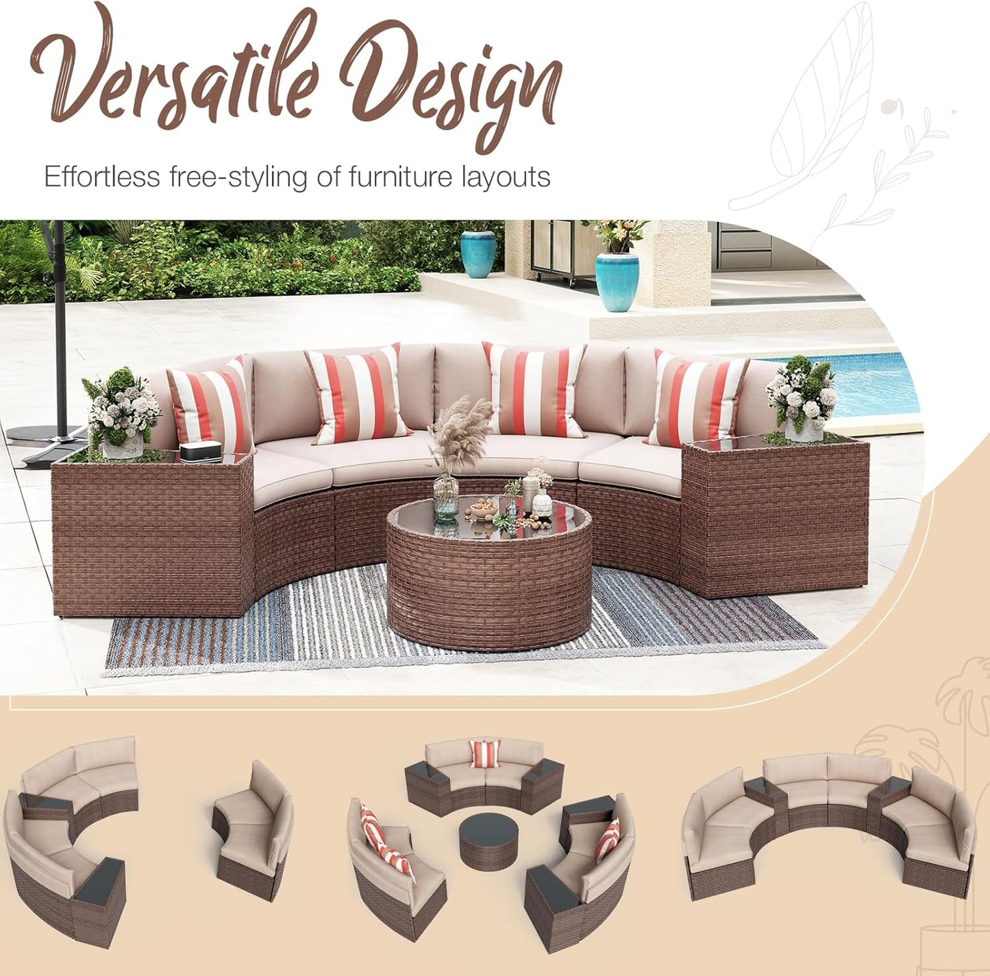SUNSITT Outdoor Patio 8-Piece Half Moon Curved Furniture Sofa Set Brown Wicker Sectional Sofa Beige Cushions with 2 Side Table