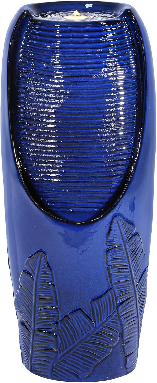 Autodaya 33" H Outdoor Garden Fountain with LED Lights, Modern Ceramic Jar Water Fountain, 3D Tropical Leaf Pattern, Cobalt Blue Glaze, Soothing Cascading Waterfall for Relaxing Patio, Yard, Porch