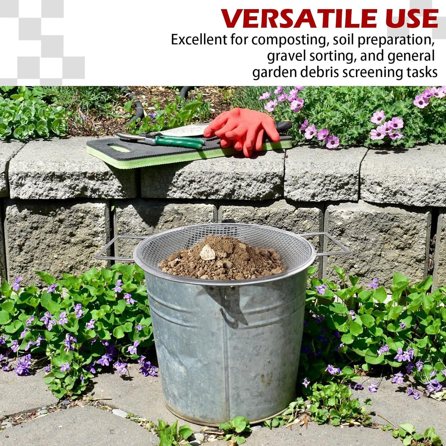 Stainless Steel Garden Sieve with Handles for 5-Gallon Bucket，1/4 inch Mesh，Commonly Used with Soil, Sand, Gravel, and Other Media