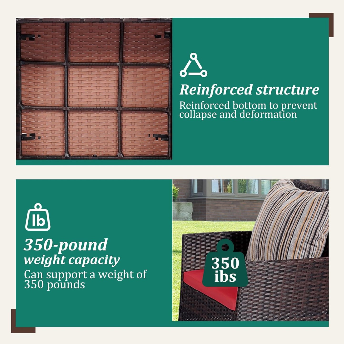 4 Piece Patio Furniture Set - Outdoor Conversation Sets with Coffee Table, Rattan Chair Set for Garden/Poolside, Brown/Red