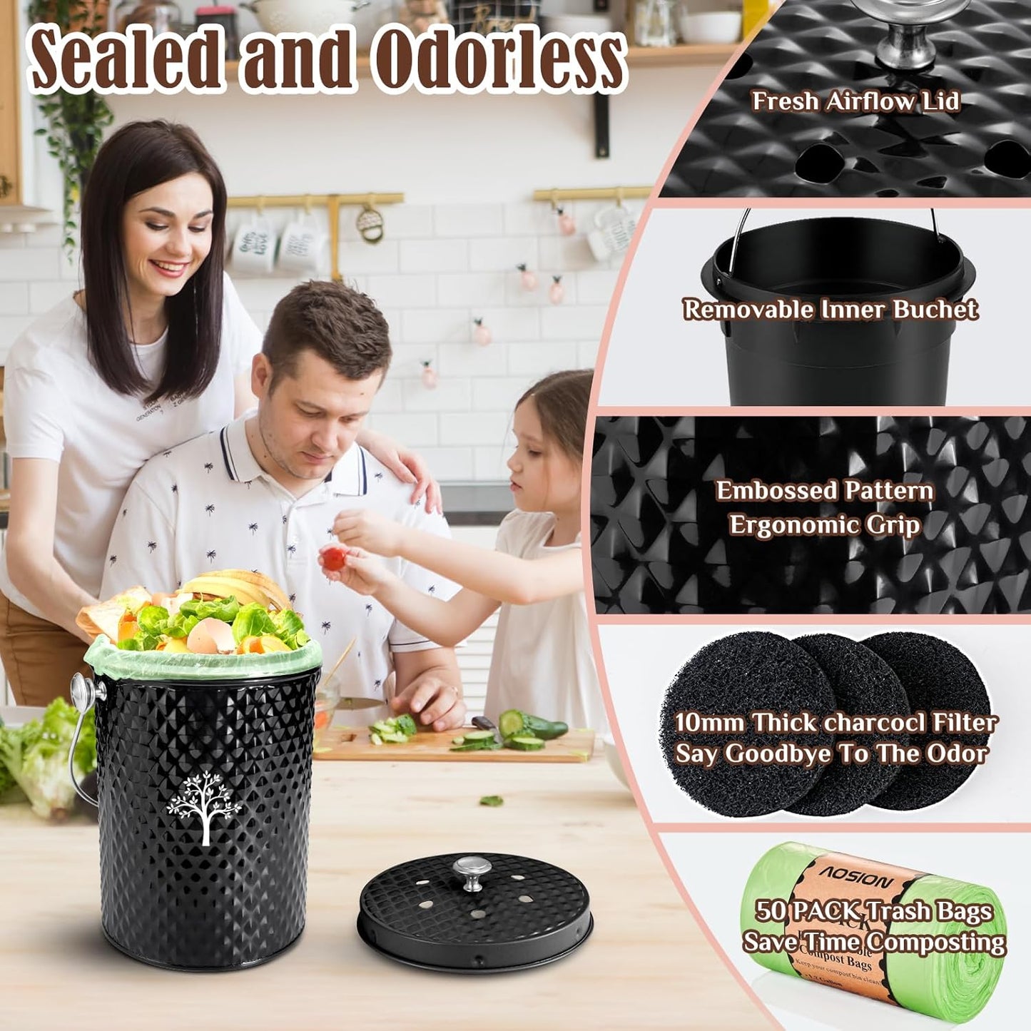 AOSION Countertop Compost Bin Kitchen，Odorless Indoor Compost Bin with Lid and Compost Bags,Compost Bucket Composter Container for Food Waste,Black