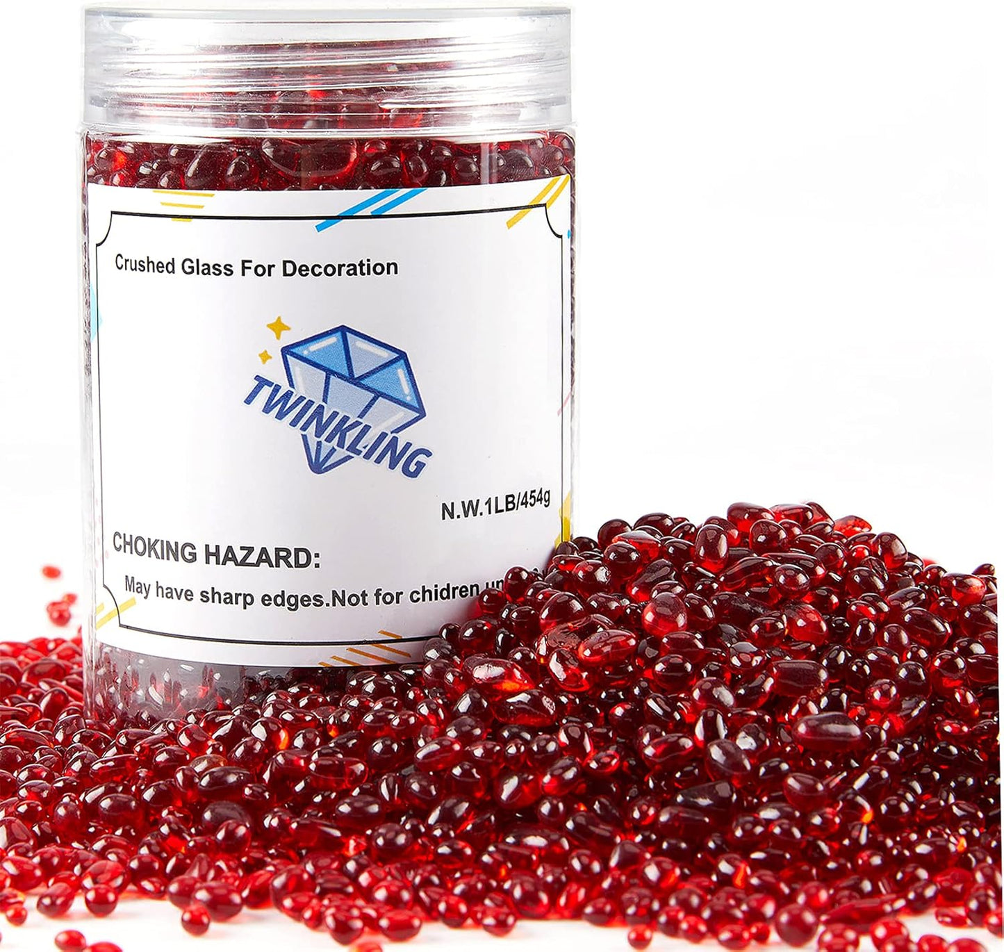 TWINKLING High Luster Round Fire Glass Stones,Glass Marbles Pebbles,Glass Beads Gems for Fire Pit Vase Fillers Crafts Aquarium Garden Decoration,3-6mm,1-Pound Jar (Red)