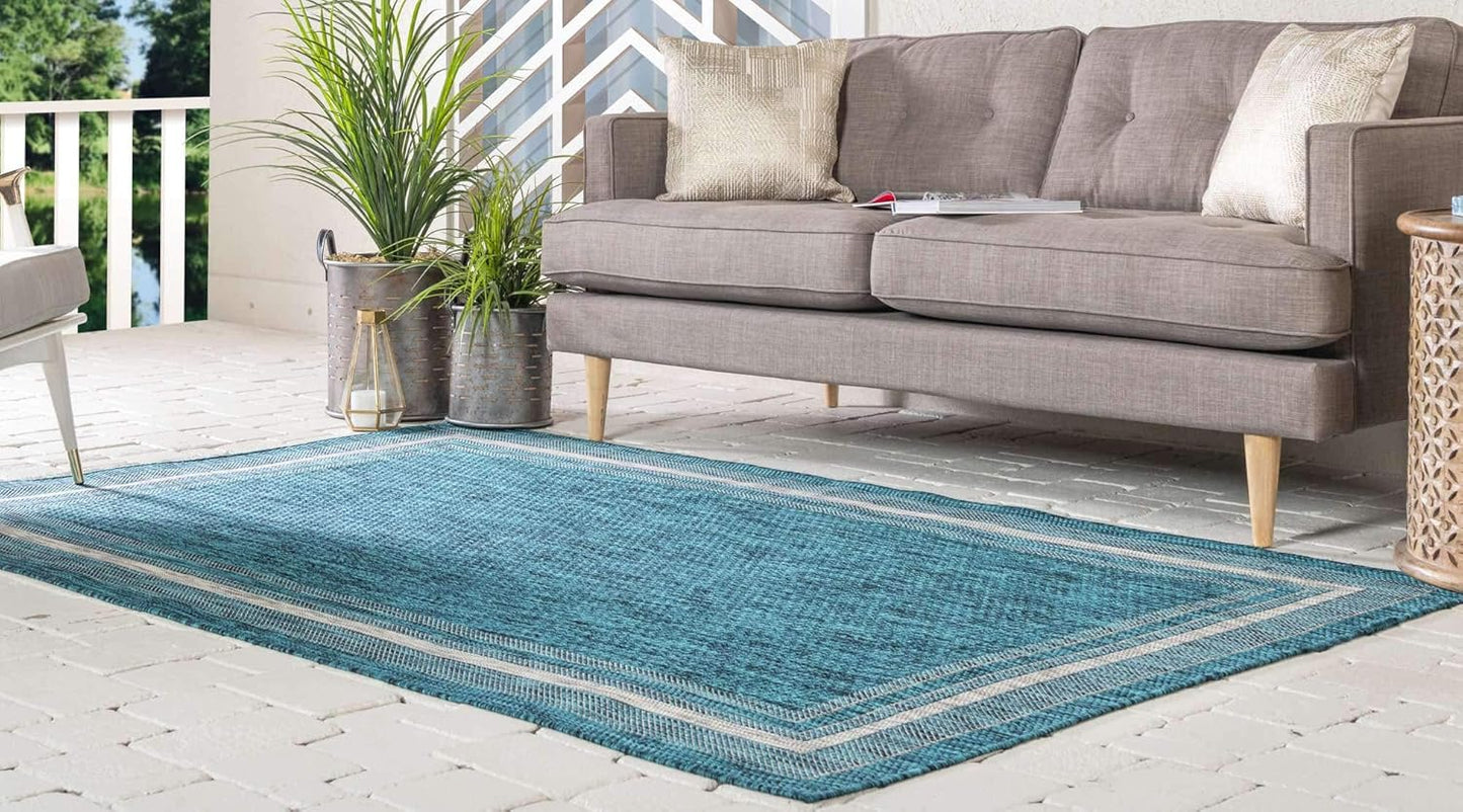 Unique Loom Outdoor Border Collection Area Rug - Soft Border (4' 1" x 6' 1" Rectangle, Teal/ Ivory)