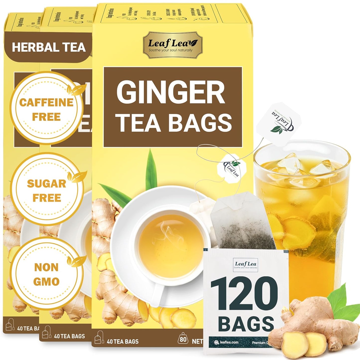 LeafLea 120 Ginger Tea Bags, 100% Pure Ginger Root Herbal Tea, Spicy & Warming Flavor, Supports Digestion & Immune Health, Individually Wrapped, Caffeine-Free, Sugar-Free, Gluten-Free, Non-GMO, Vegan