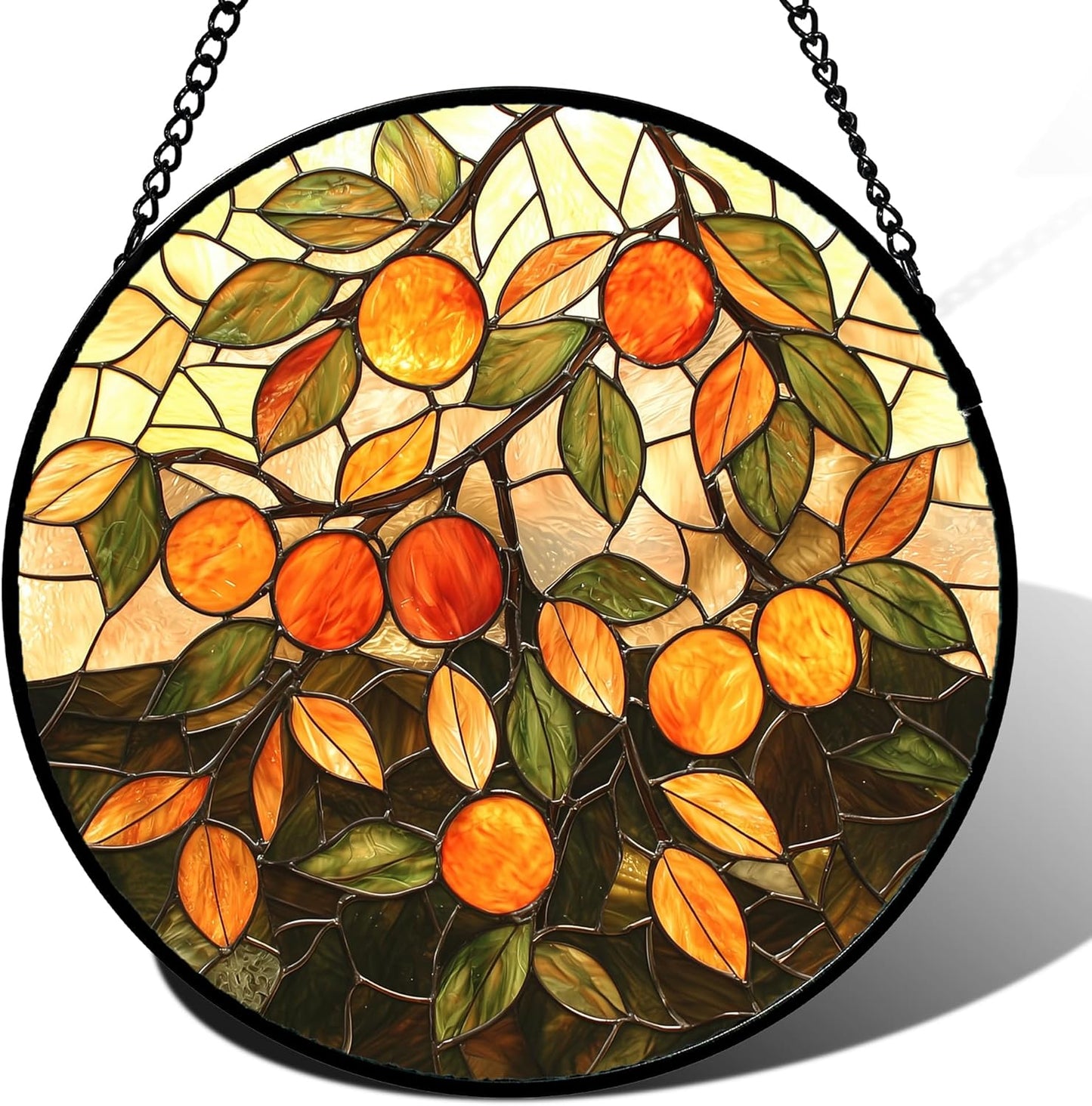 Stained Glass Suncatcher, Orange Green Fruit Tree Sun Catcher Landscape Stain Glass Window Hanging Decoration Mother's Day Birthday Gifts for Women Men Mom Nana 11.8 in