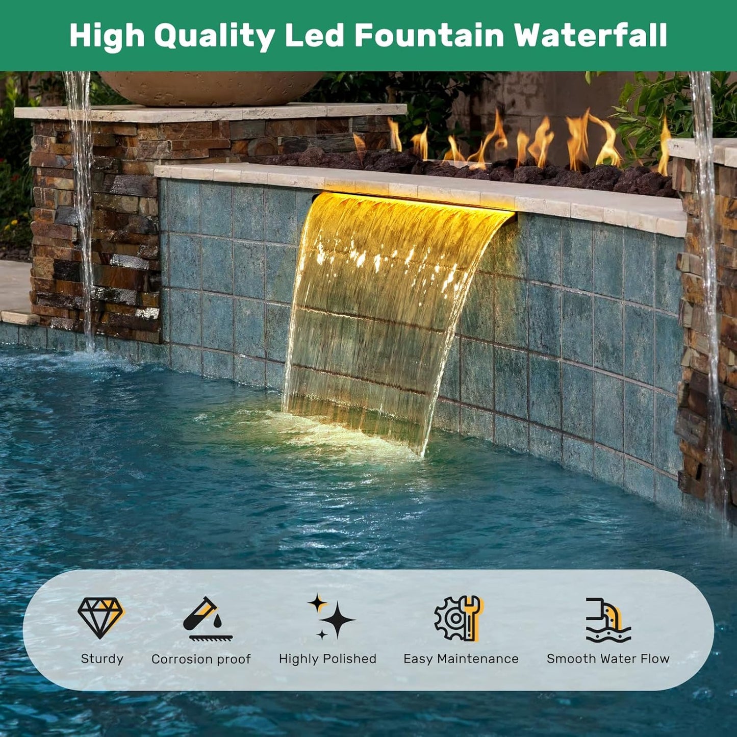 POPOSOAP 24Inch Pond Waterfall Spillway with Warm LED Light,304 Stainless Steel Waterfall Kit with 80W 1200GPH Pump & 9.8FT Corrugated Tube for Garden Decor Indoor/Outdoor Pond-P46D