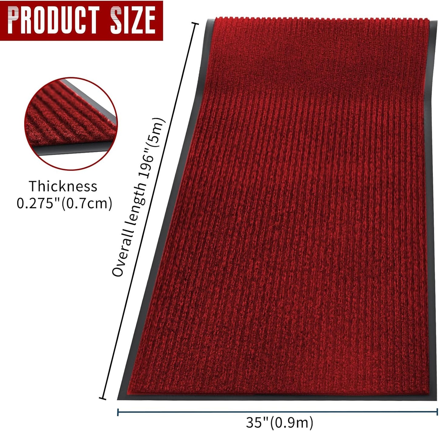 Rubber Door Mat About W3' ×L16' Heavy Duty Large Outdoor Indoor Mat Durable Entrance Doormat Waterproof Rubber Back Rugs for Home Entryway Patio Porch Office Business Areas (Wine Red)