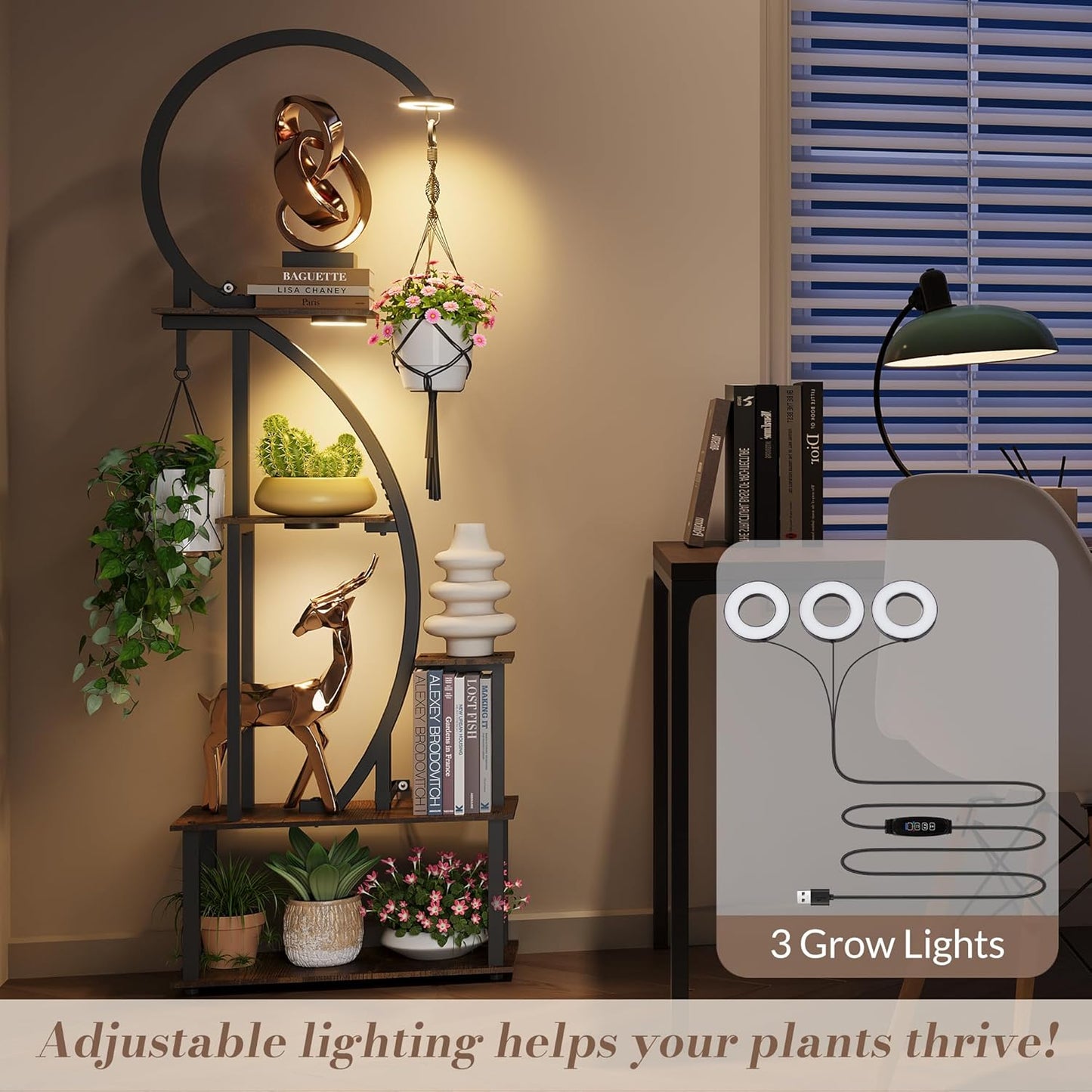 Indoor Plant Stand with Grow Lights, Half-Heart Shape Metal Shelf with Multiple Wood Boards and Hooks for Hanging & Potted Plants, Tall LED Display Rack for Living Room, Balcony Décor