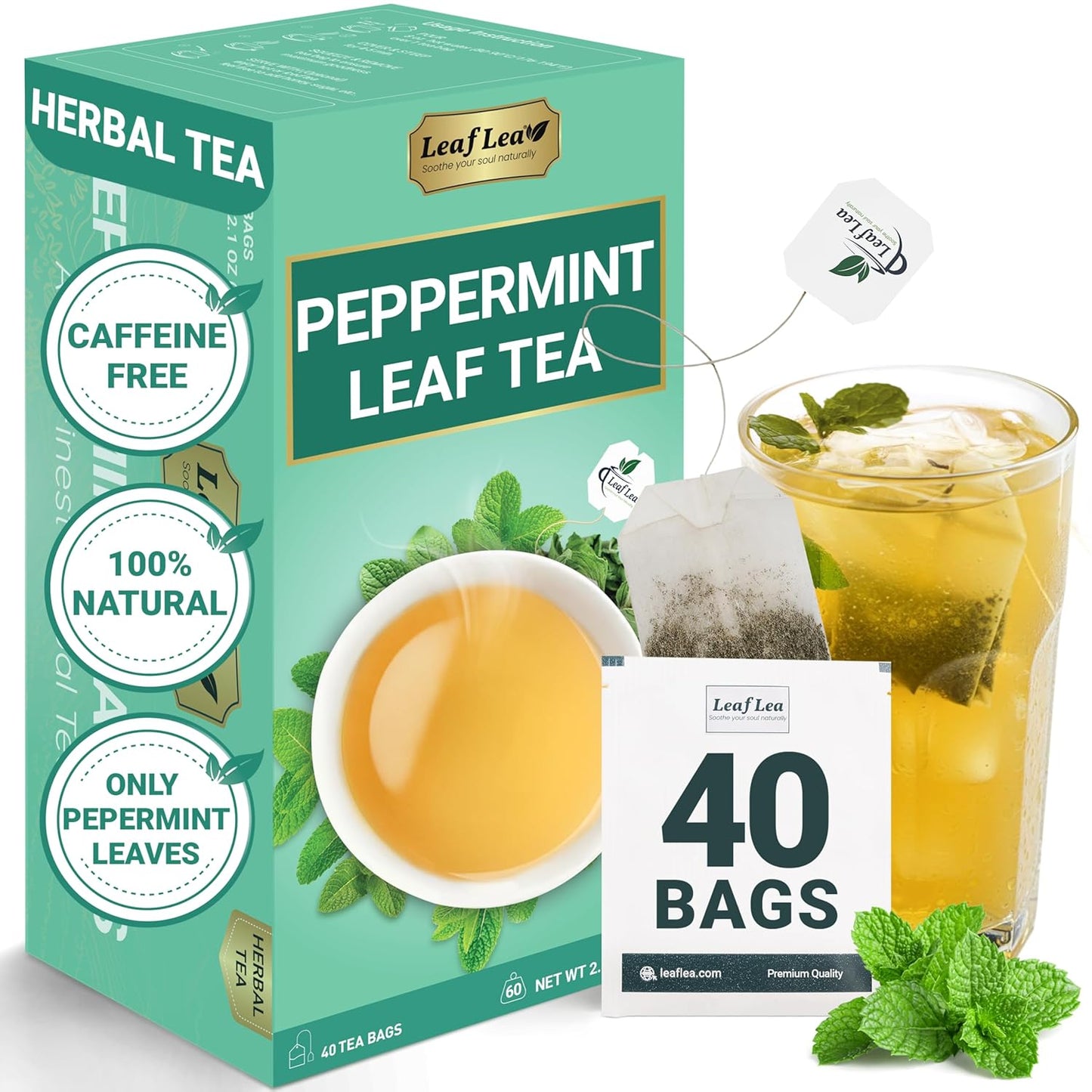 LeafLea 40 Peppermint Tea Bags, Natural Peppermint Leaf Herbal Tea with Cool Taste, Te De Menta for Gentle Digestive Support, Te De Hierba Buena, Caffeine-Free, Sugar-Free, Vegan, Individually Wrapped