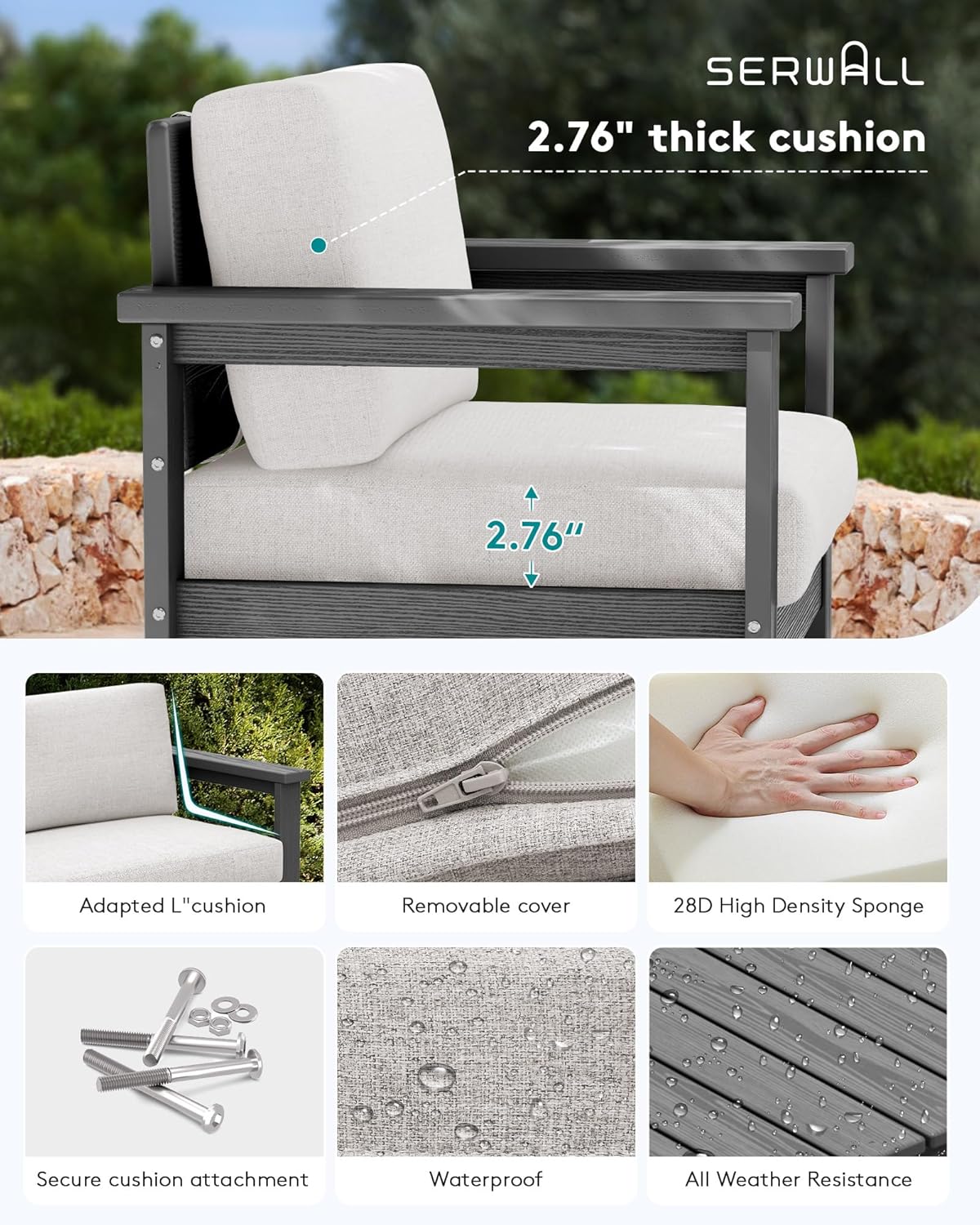 SERWALL Gray HDPE Outdoor Loveseat with Khaki Cushions, All Weather Use Outdoor Loveseat Sofa, Gray Frame with Khaki Cushions