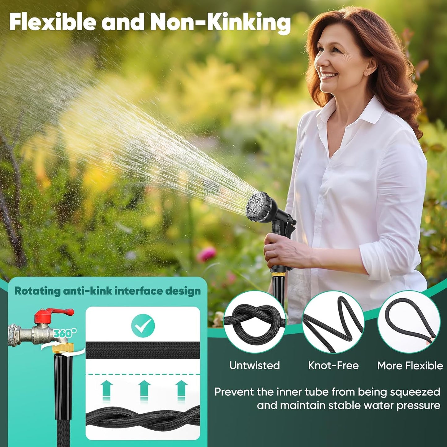 Garden Hose 15FT, Non-Expanding, Lightweight Hose, Leak-Proof Metal Interface, No-Knots, Easy to Carry, Wear-Resistant, Sturdy, Flexible, 3/4GHT, Water Hose for Yard, Garden, No Nozzle