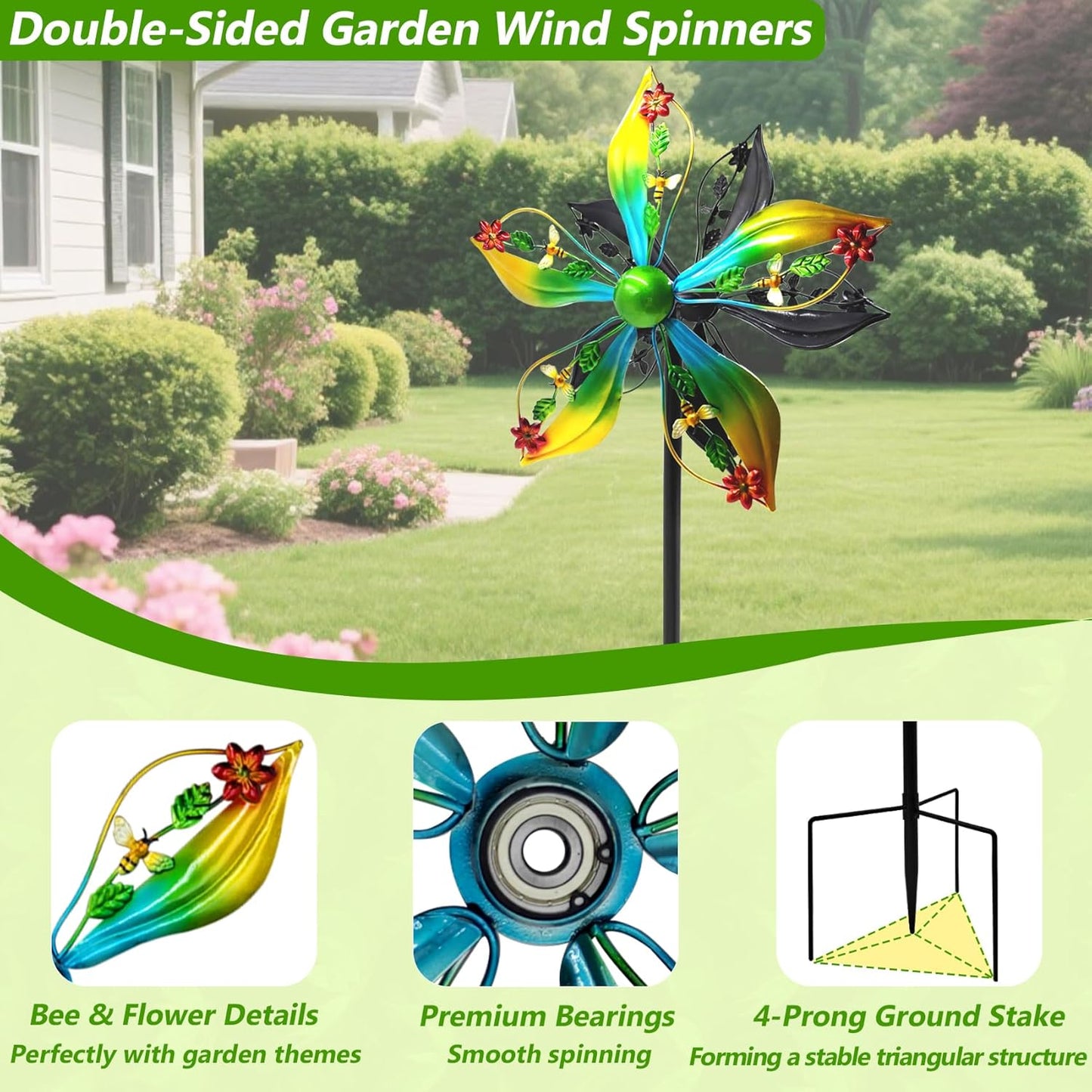 Garden Wind Spinners, 13" Double-Sided Metal Kinetic Wind Sculptures Yard Art for Outdoor Lawn & Patio Decor
