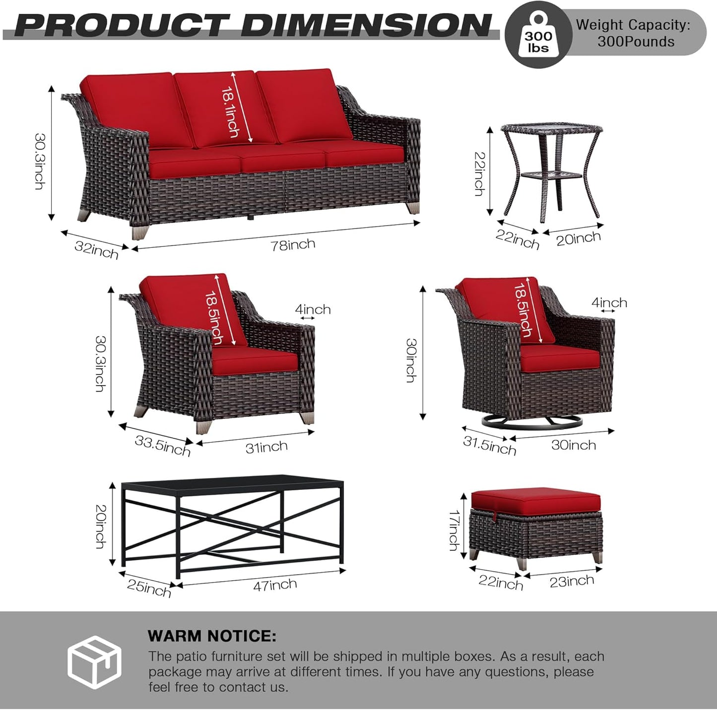 Joyside Wicker Patio Furniture Sets, 6 Pieces Upgraded Large Size Outdoor Furniture with Patio Dining Chairs, 3-Seat Sofa and Outdoor Ottoman, Thick Cushions, Wide Armrest