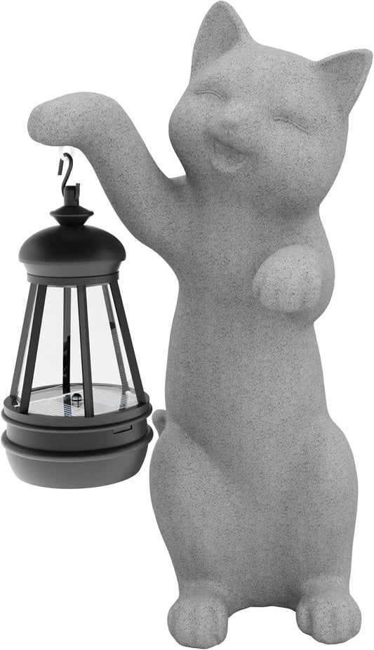 Garden Decoration, Figurine, Lawn Statue, Sculpture Ornament, Animal Figurine - Cat Resin Statue with Lantern (Hand)