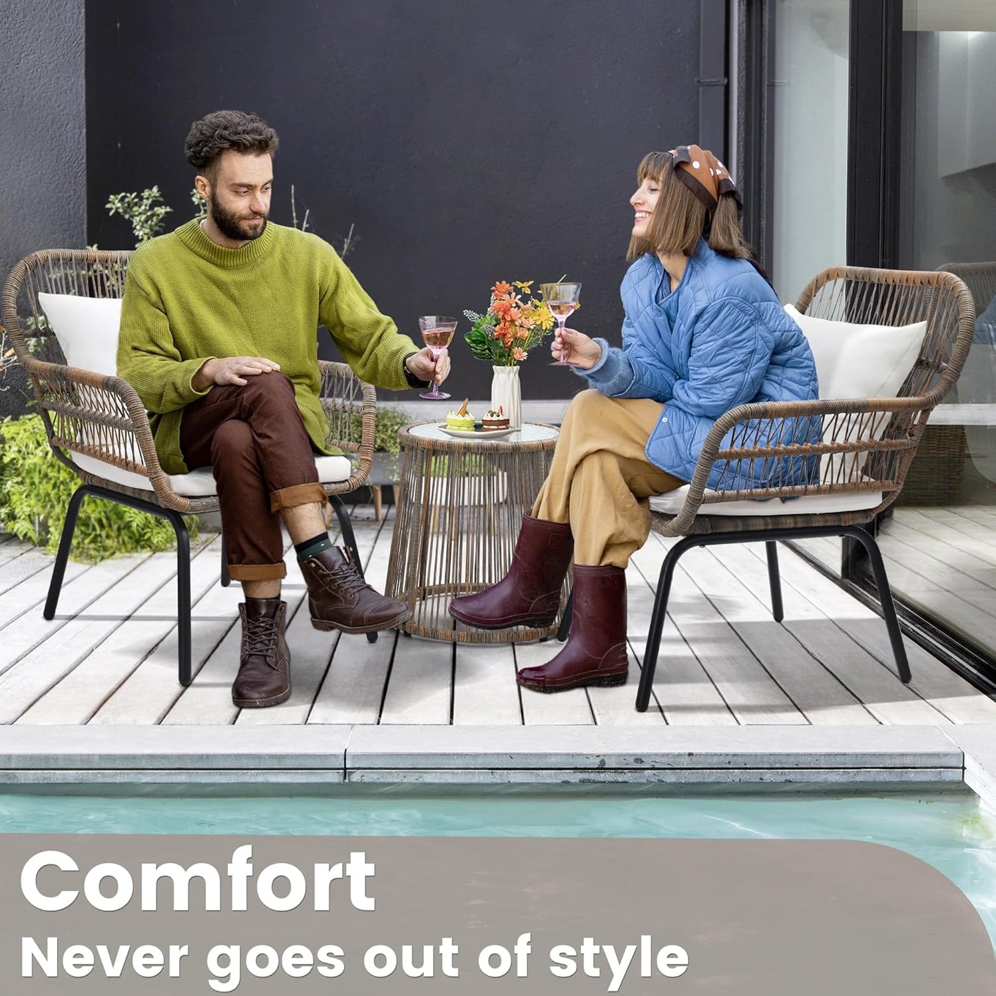 3 Pieces Rattan Wicker Bistro Set, Outdoor Conversation Set, Wicker Furniture Set with Glass Top Table, Space Saving for Balcony, Backyard, Natural