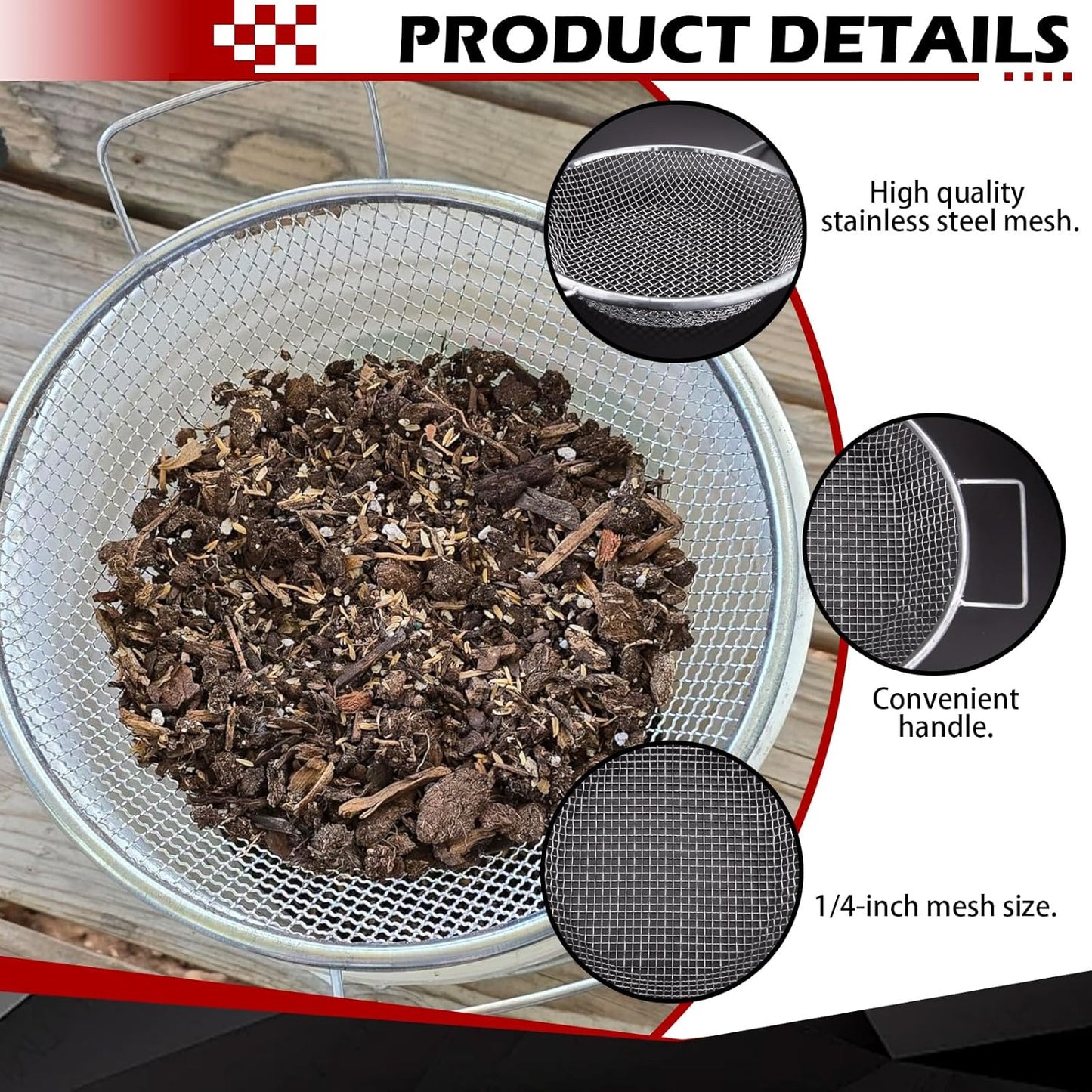 Stainless Steel Garden Sieve with Handles for 5-Gallon Bucket，1/4 inch Mesh，Commonly Used with Soil, Sand, Gravel, and Other Media