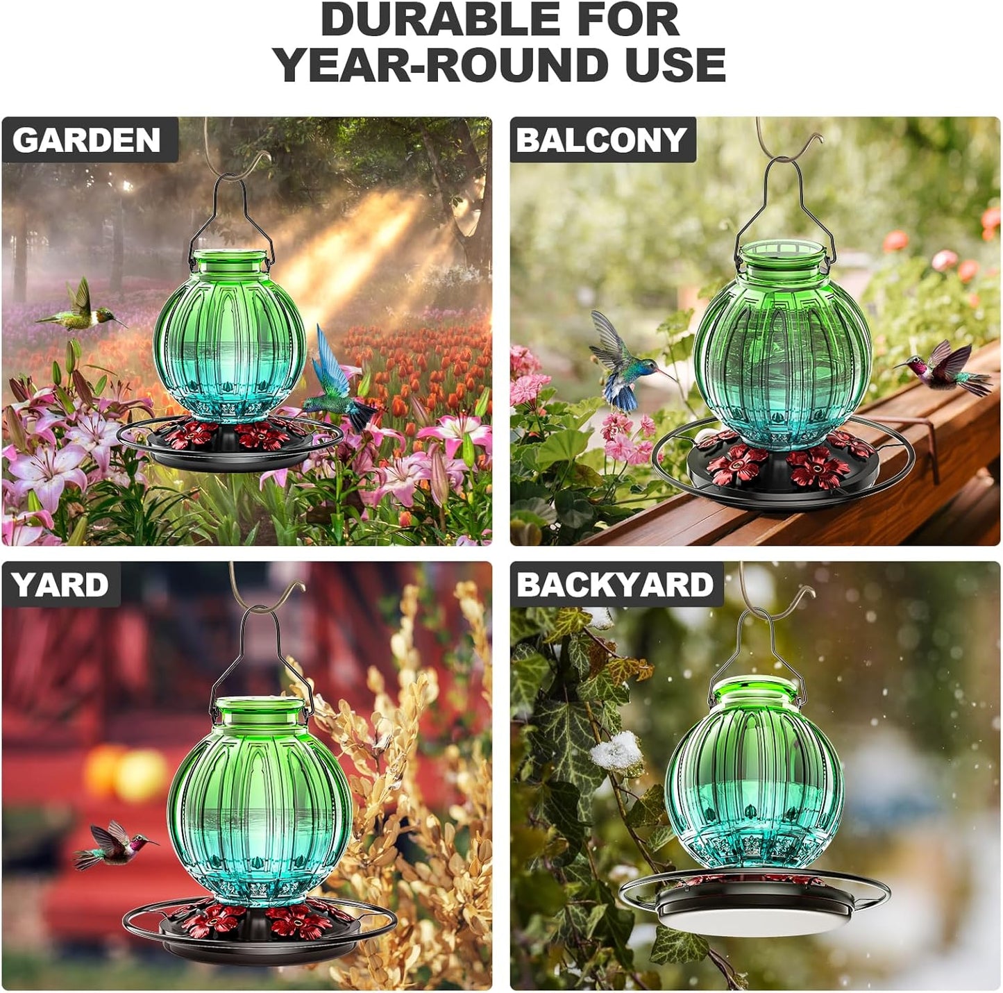 Glass Hummingbird Feeder for Outdoors Hanging, Bird Nectar Feeder with Perch & 5 Flower Feeding Ports, 26 Oz Leak Proof for Outside Garden Decor Backyard, Gifts for Women Mom, Green & Blue