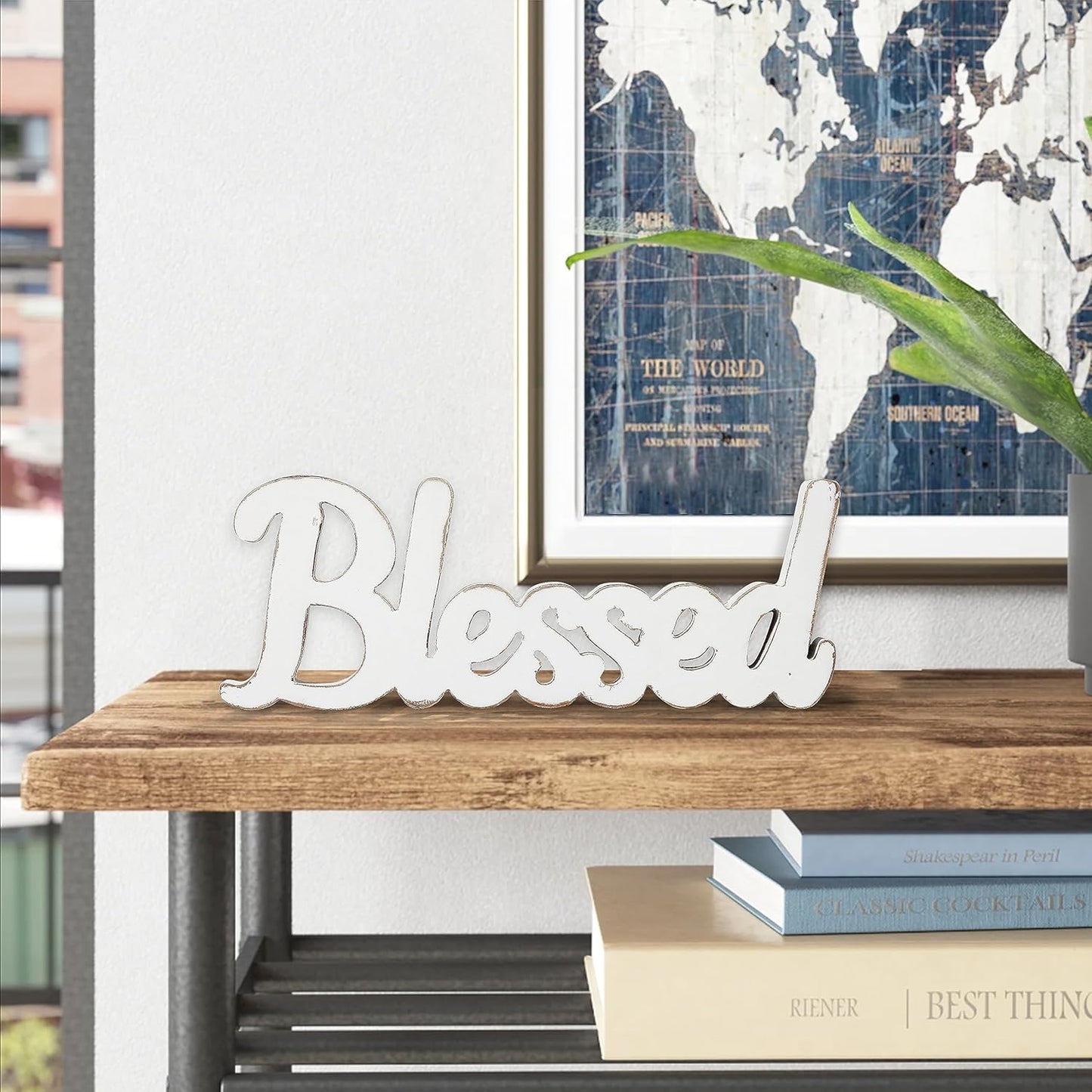 Rustic White Wooden Blessed Sign for Tabletop 15 Inch, Wall Hanging Farmhouse Blessed Signs for Home Decor, Handmade Thanksgiving Signs Decor, Christmas Signs for Living Room Entryway