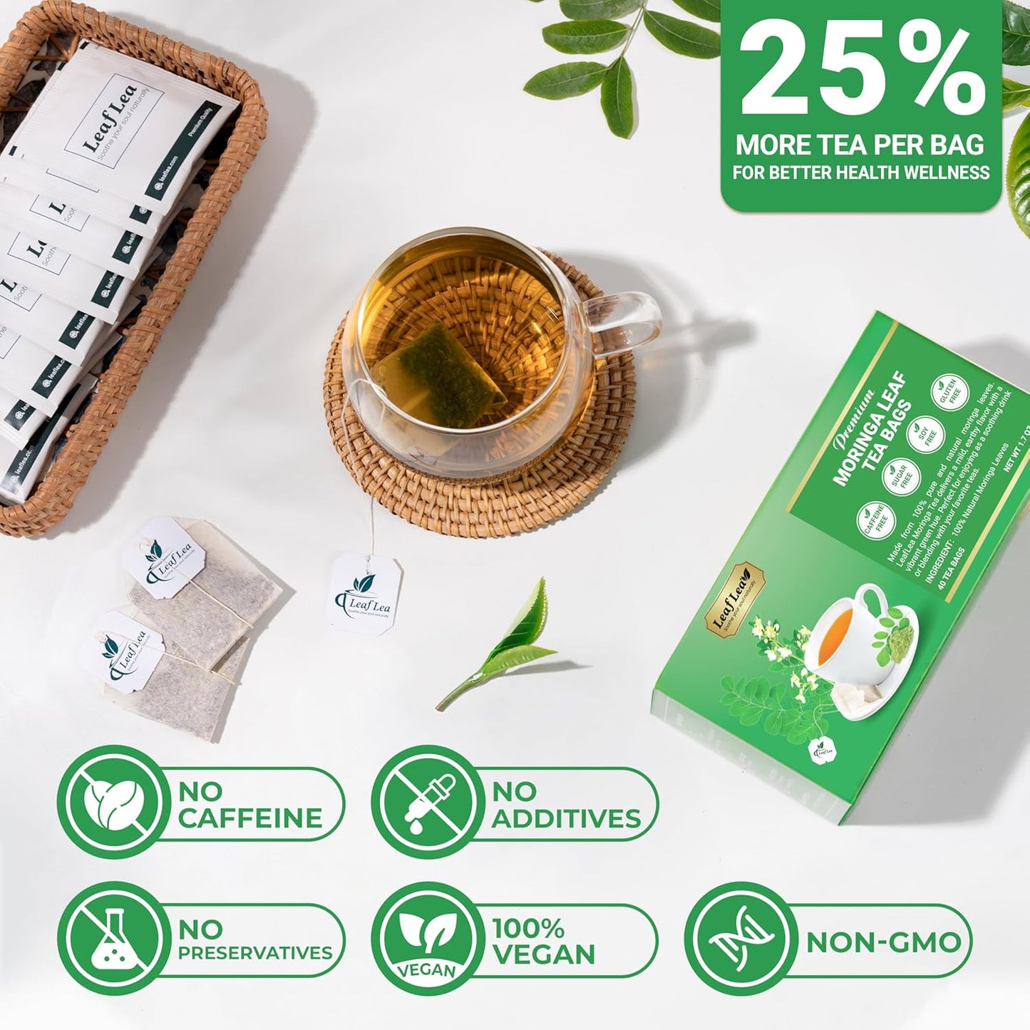 LeafLea Moringa Tea, 120 Fresh-Sealed Tea Bags, Premium Herbal Blend from 100% Natural Moringa Leaves, Supports Digestion & Immune Health, Caffeine-Free, Sugar-Free, Vegan, Non-GMO