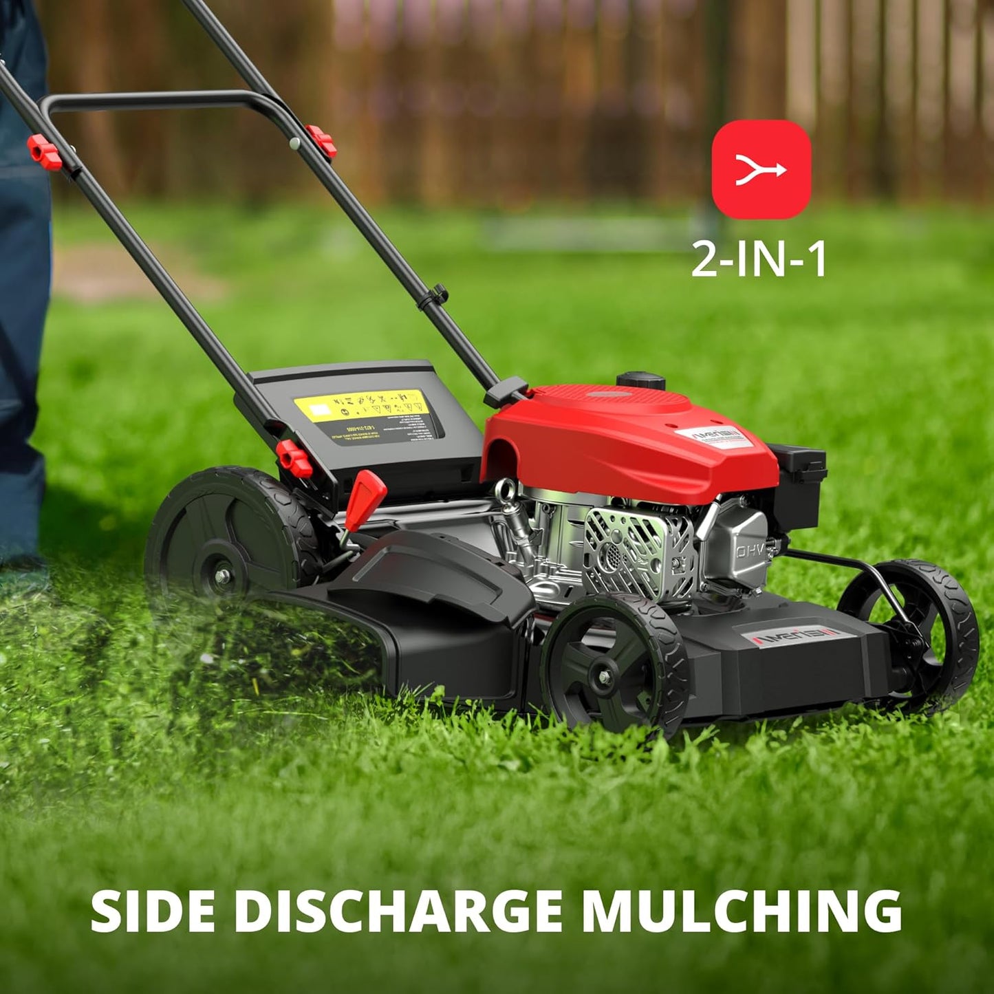 21" Gas Lawn Mower, 144cc Engine, 2-in-1 Mulching & Side Discharge, 6-Position Height Adjustment, Foldable Handles for Lawn, Yard, and Garden Maintenance