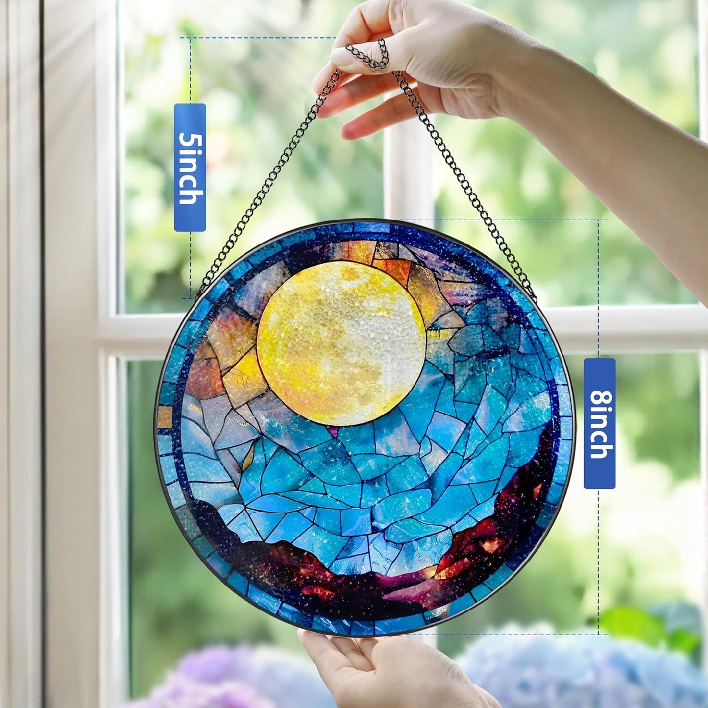 Stained Glass Window Hanging - 8 Inch Full Moon Suncatcher for Window Doors Home Decoration, Valentine's Day Mother's Day Christmas Birthday Gifts for Women, Men, and Mom Grandma
