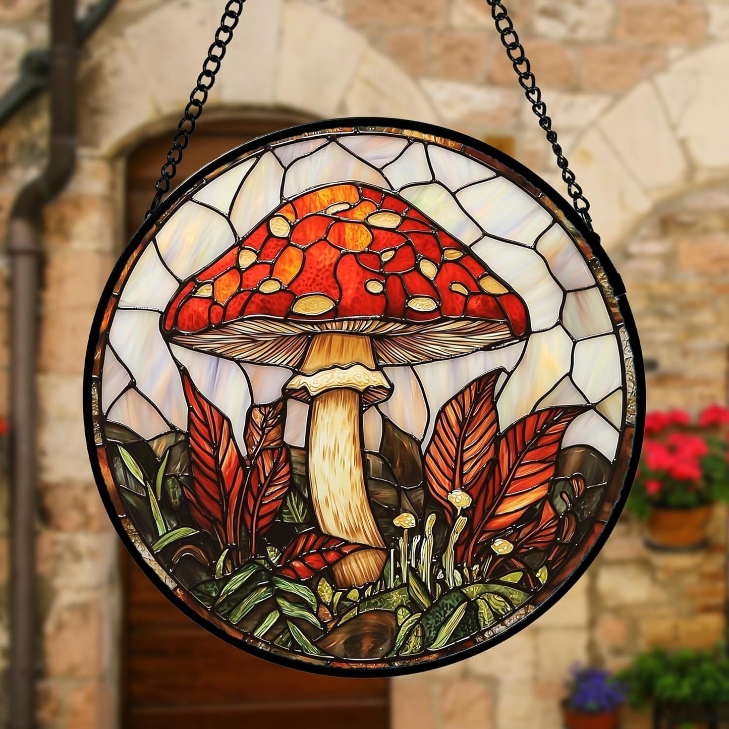 Stained Glass Window Hanging, Big Red Mushroom Suncatcher for Doors Home Sun Catchers Decoration and Christmas, Mother's Day Birthday Gifts for Women, Men, and Mom 11.8x11.8 in