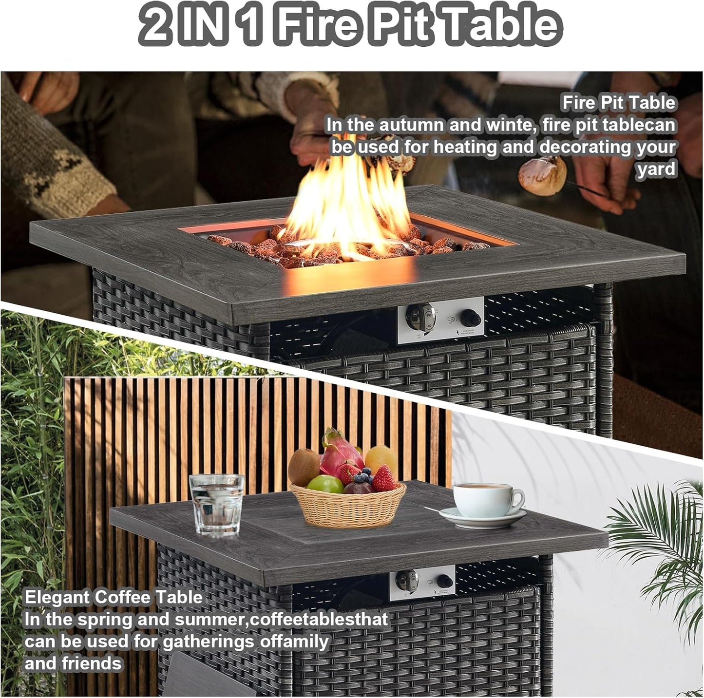 HUMMUH 7 Piece Patio Furniture with Fire Pit 30in 55,000 BTU,PE Wicker Outdoor Conversation Sets - Couch,Patio Swivel Chairs and Ottomans,Side Table for Porch,Garden,Backyard