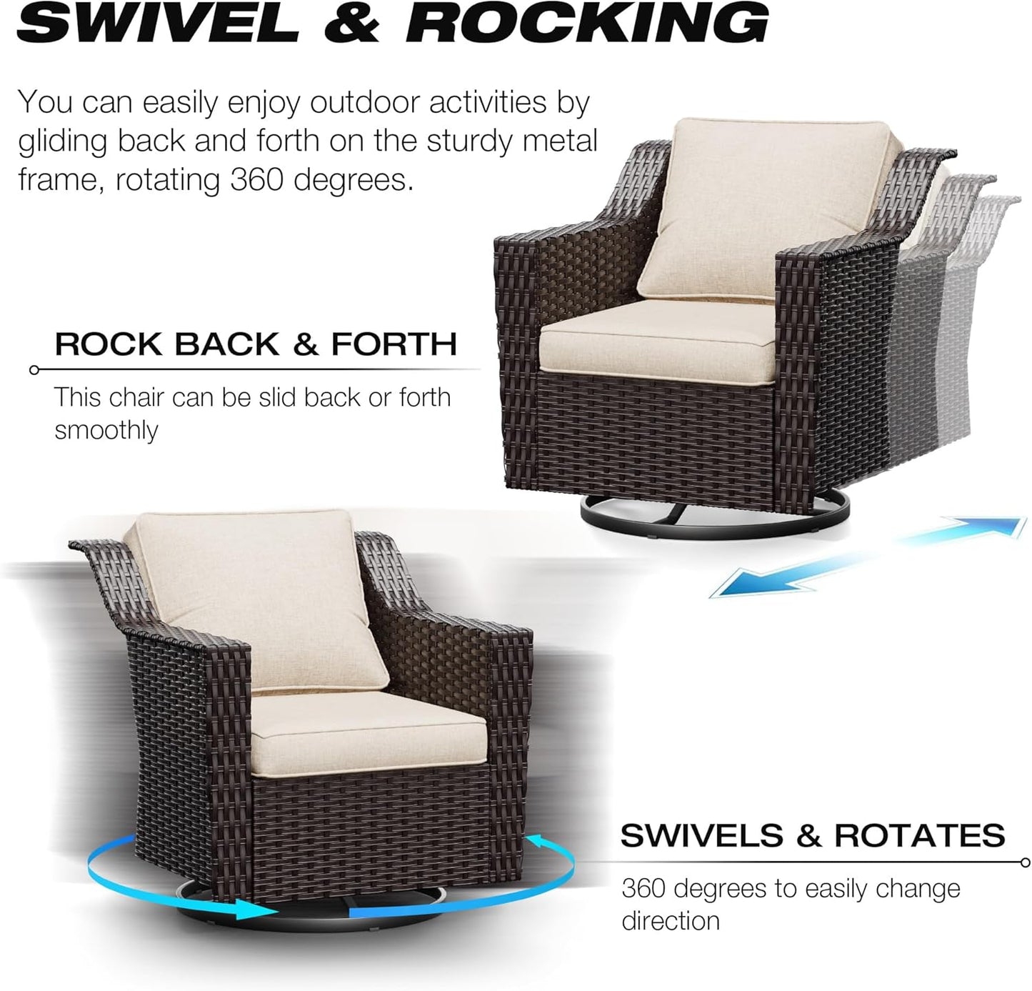 Joyside Wicker Patio Furniture Sets, 4 Pieces Upgraded Large Size Outdoor Furniture with Swivel Rocking Patio Chairs and Outdoor Ottoman, Thick Cushions, Wide Armrest