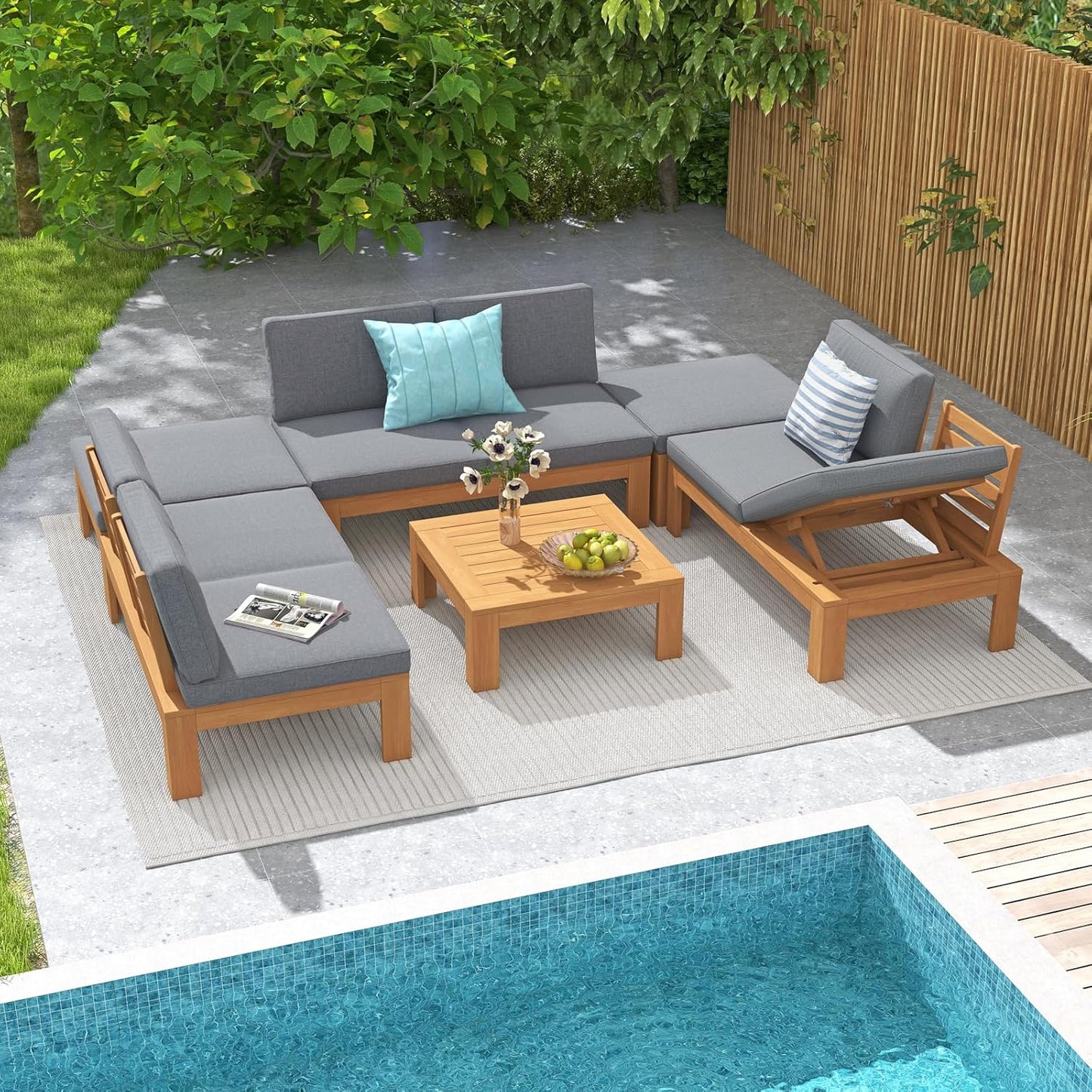 SUNSITT 6 Piece Acacia Wood Patio Furniture Outdoor Sectional Sofa Set with Adjustable Armrest, FSC Certified L-Shaped Patio Set w/2-in-1 Coffee Table, Grey Cushions