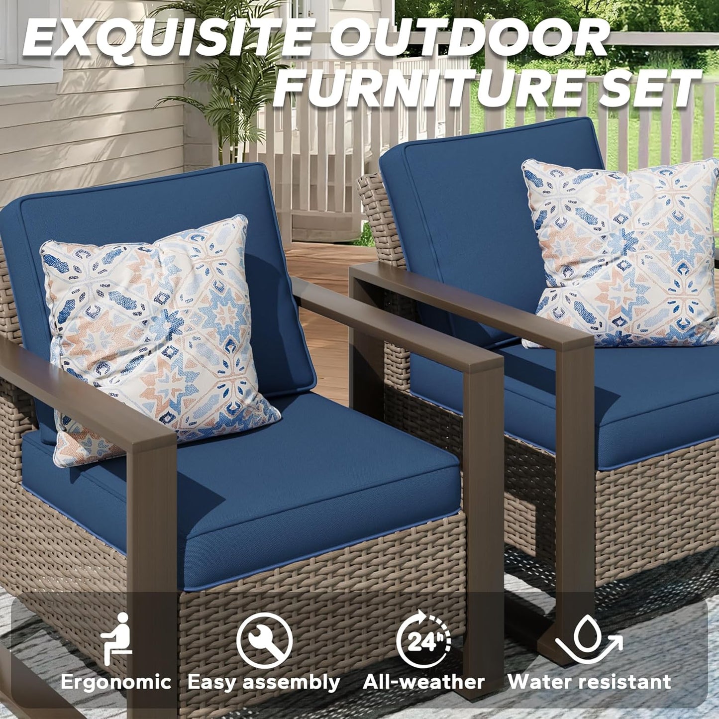 Outdoor Wicker Metal Chairs Set of 2 with Two Ottomans - 4 Pieces Patio Bistro Set with Rectangular Framed Wood-Looking Metal Armrest & Removable Cushions for Poolside, Terrace, Dark Blue