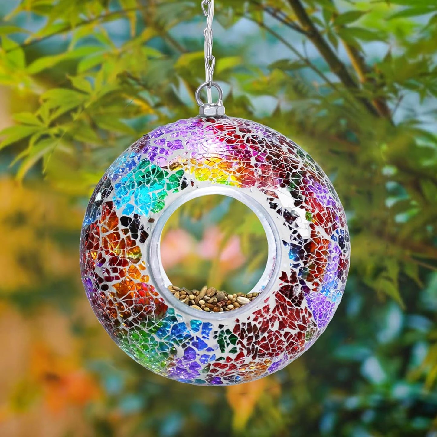 Mosaic Bird Feeders for Outside Hanging with Round Shape Glass Container Fly Through Solar Bird Feeder for Garden Decor (Multicolor)