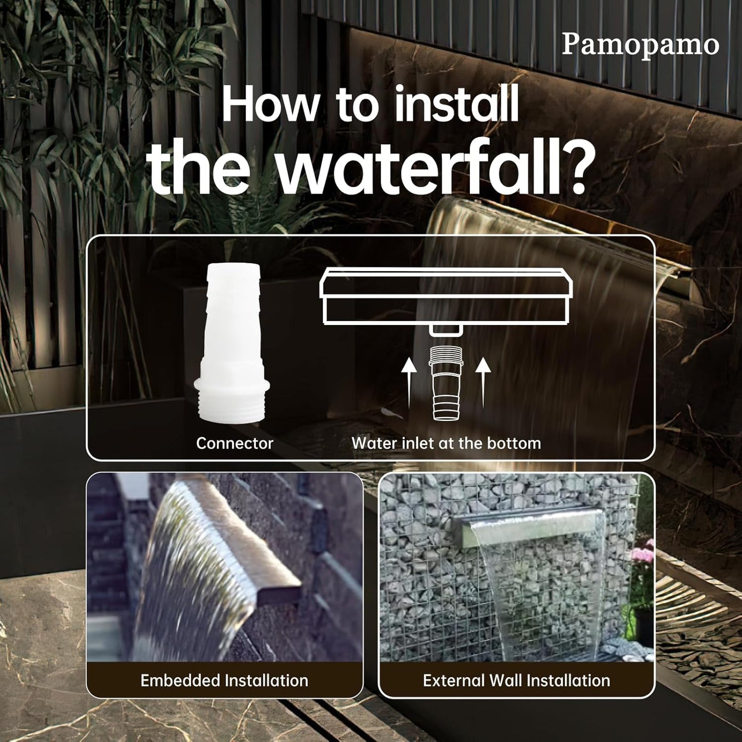 Pond Waterfall Spillway Pool Fountain Water Feature, Black Stainless Steel Outdoor Fountains, Swimming Pool Water Flow Waterfalls Kit for Garden Patio Ponds-35.4"x7.8"x3.9"(NO Light)