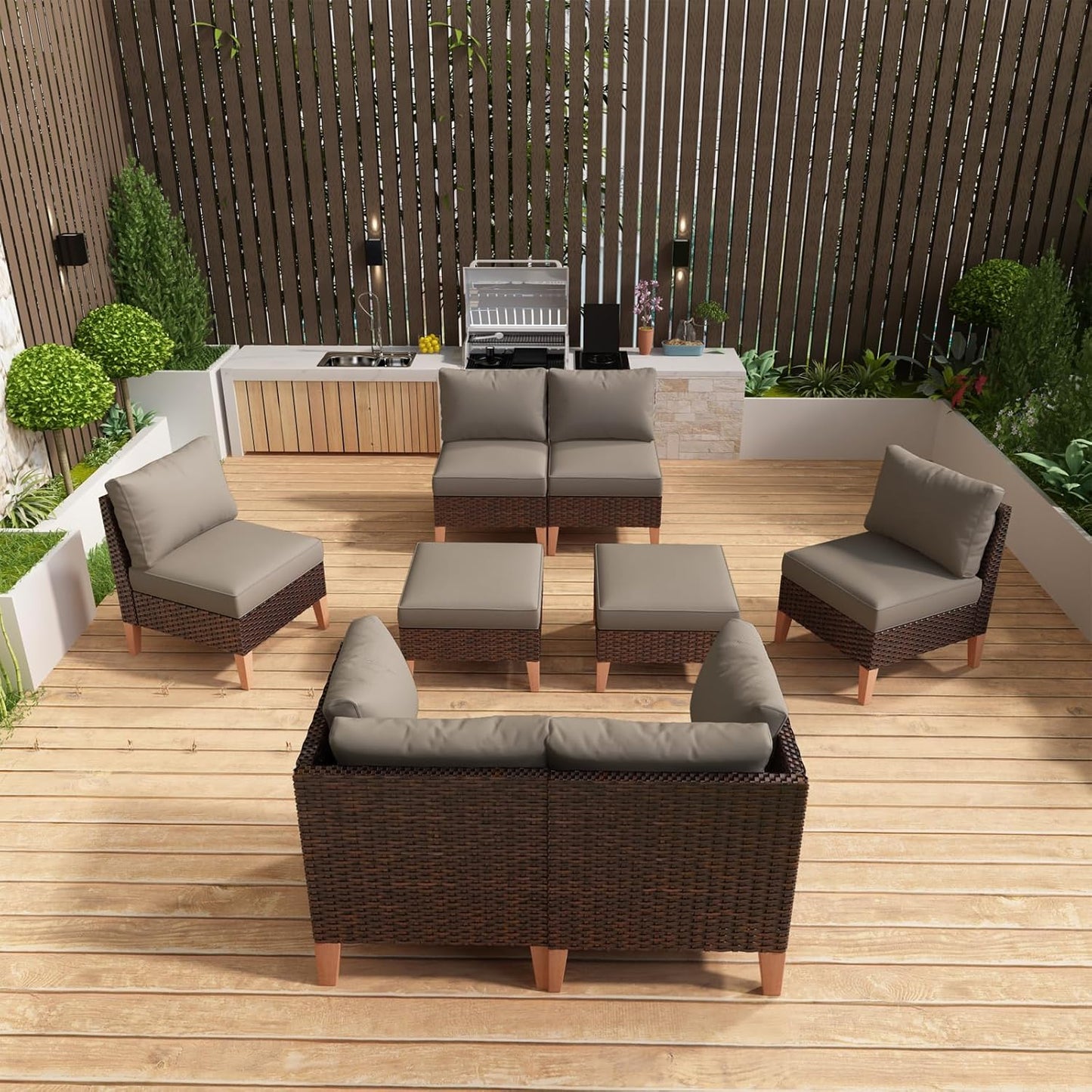 HUMMUH 8 Pieces Patio Furniture Set,Outdoor Modular Sectional Couch Chairs with Ottomans,All Weather PE Wicker Patio Conversation Sets for Garden Porch Backyard