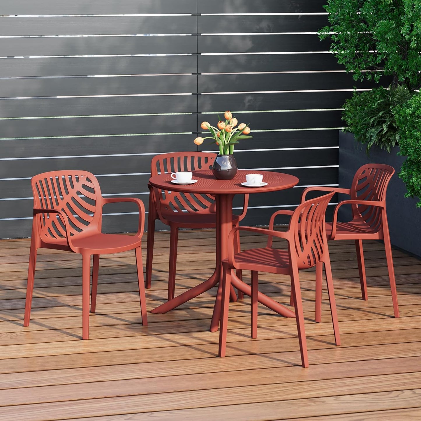 4 Person Dining Table Set, HDPE Patio Round Dining Table and Stackable Chair, Kitchen & Dining Room Sets All Weather for Backyard Porch Poolside, Red