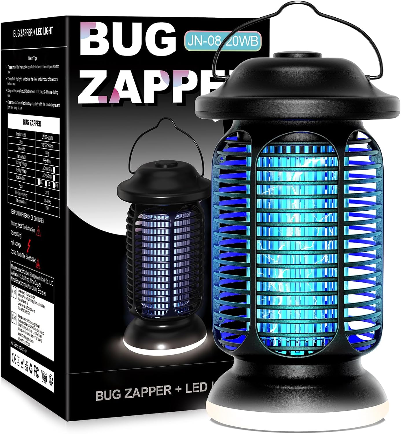 Bug Zapper Outdoor Indoor, Electric Fly Zapper Waterproof with 2W LED Light, 18W Power & 4000V High-Voltage, Coverage Area of 1/2-1 Acre, 5.5ft Cord, Plug-in Mosquito Trap for Patio Backyard Garden