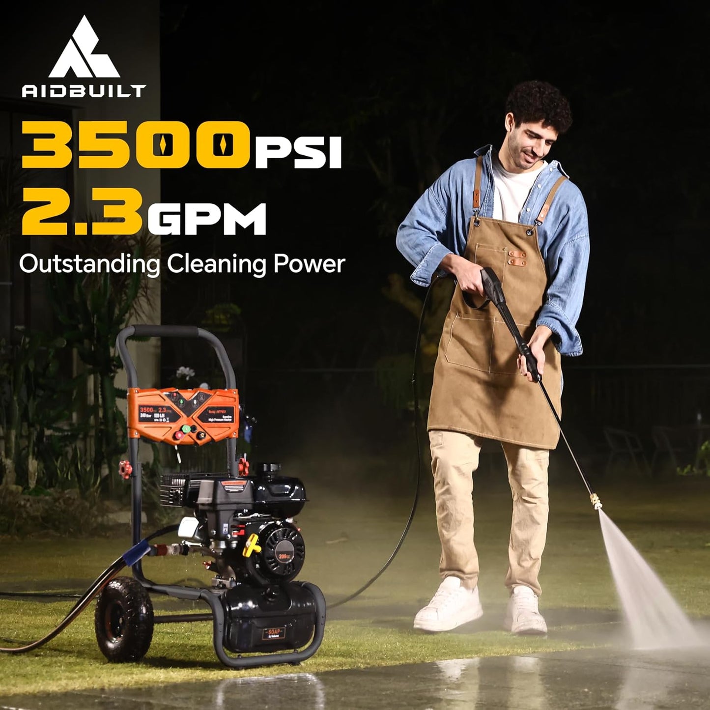 3500 PSI Gas Pressure Washer, 2.3 GPM High Power Washer with 209CC Engine, 25FT Hose, 4 Quick-Connect Nozzles, for Cleaning Walls, Vehicles, Gardens, Driveways, Concrete(Orange)
