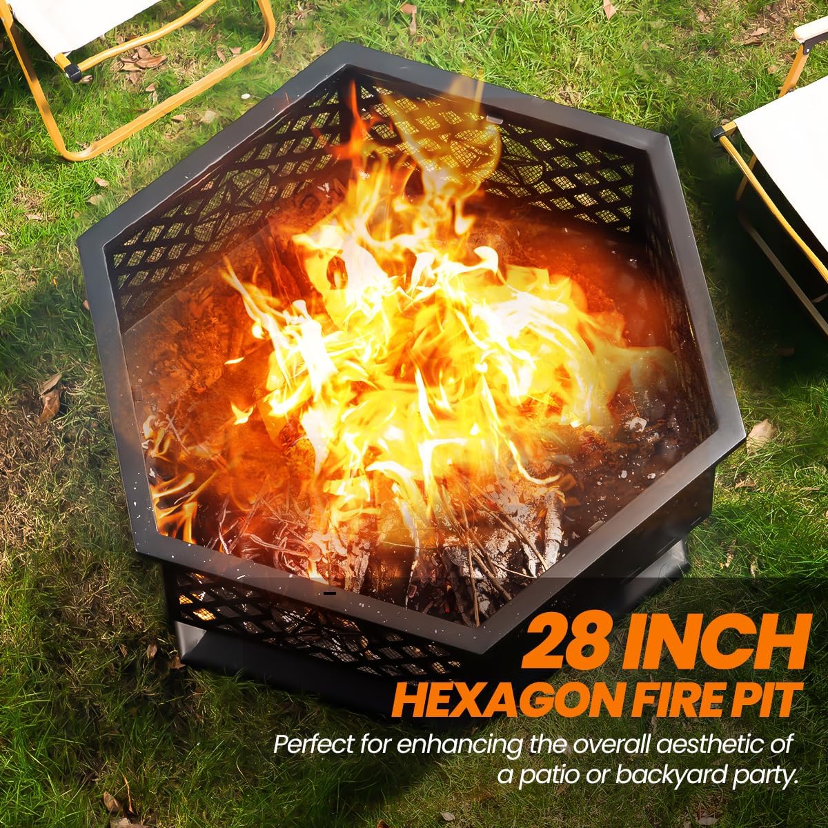 28 Inch Hexagonal Fire Pit,Wood Burning Firepits for Outside with Spark Screen&Poker,Metal Hex-Shaped Outdoor Fire Pit for Outside,Backyard,Bonfire,Patio,Garden,Picnic and Camping（Black）